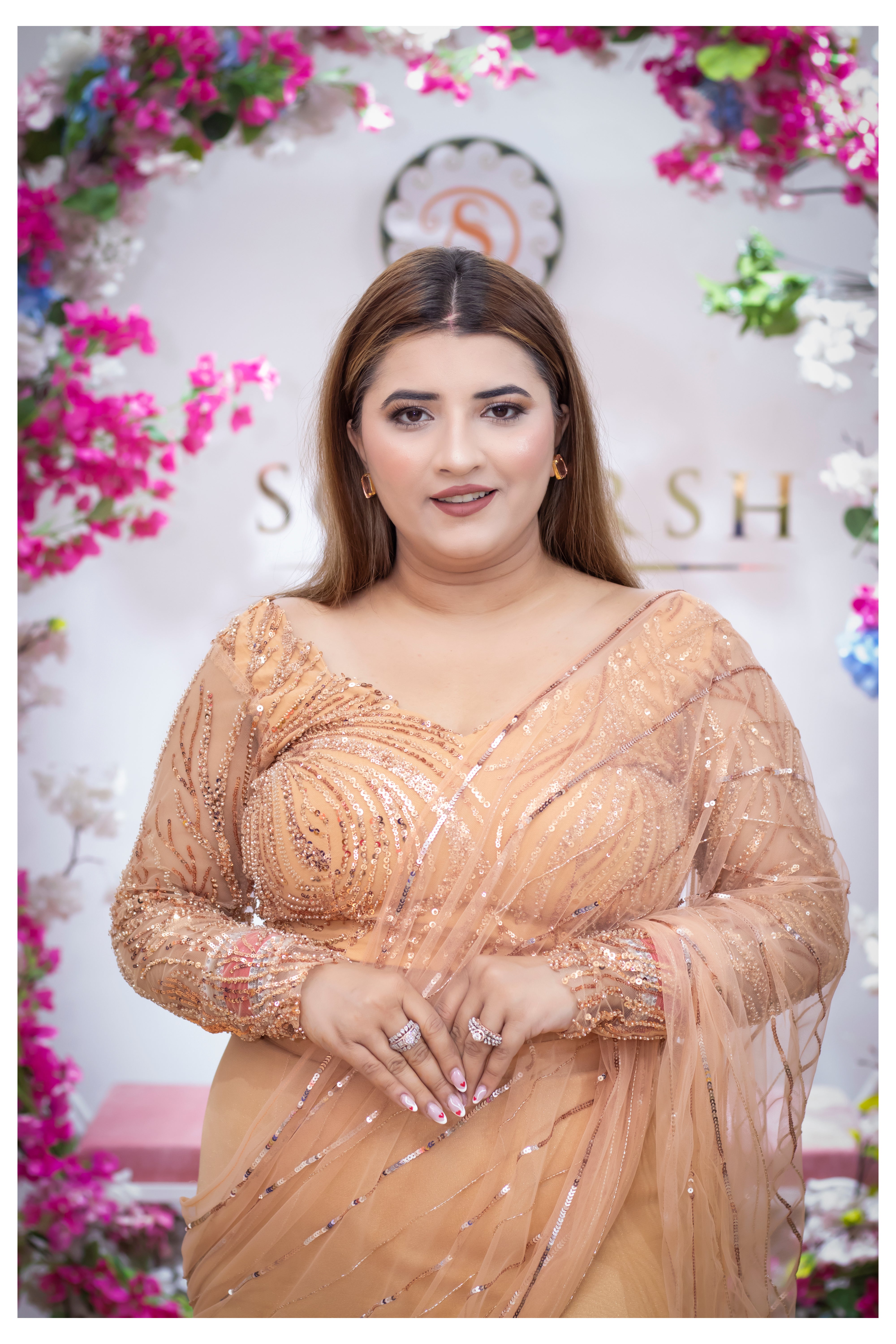 Peach Fabric Based drape saree with kali skirt