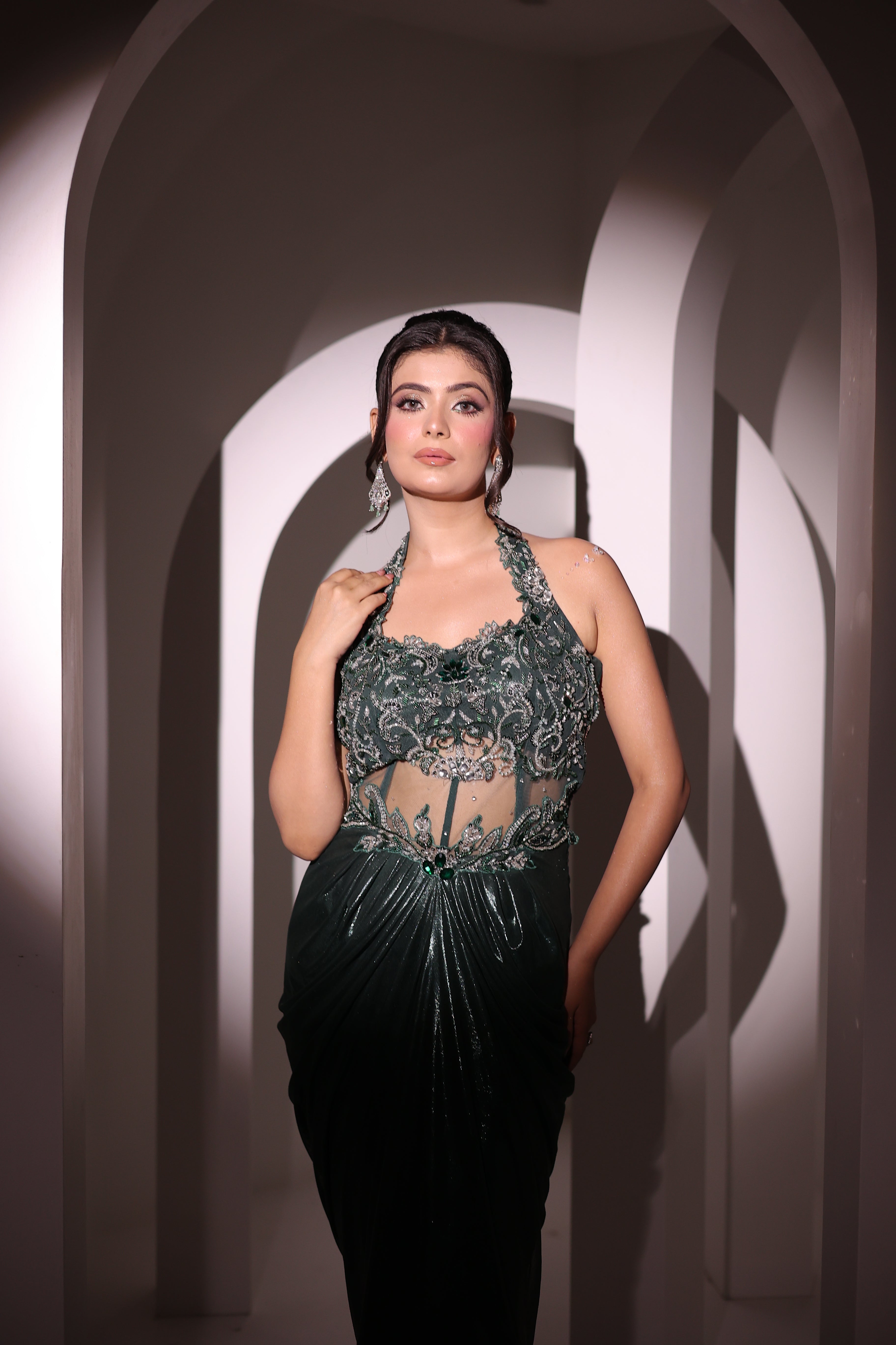 Emrald Green Mermaid Drape Corset Saree Gown