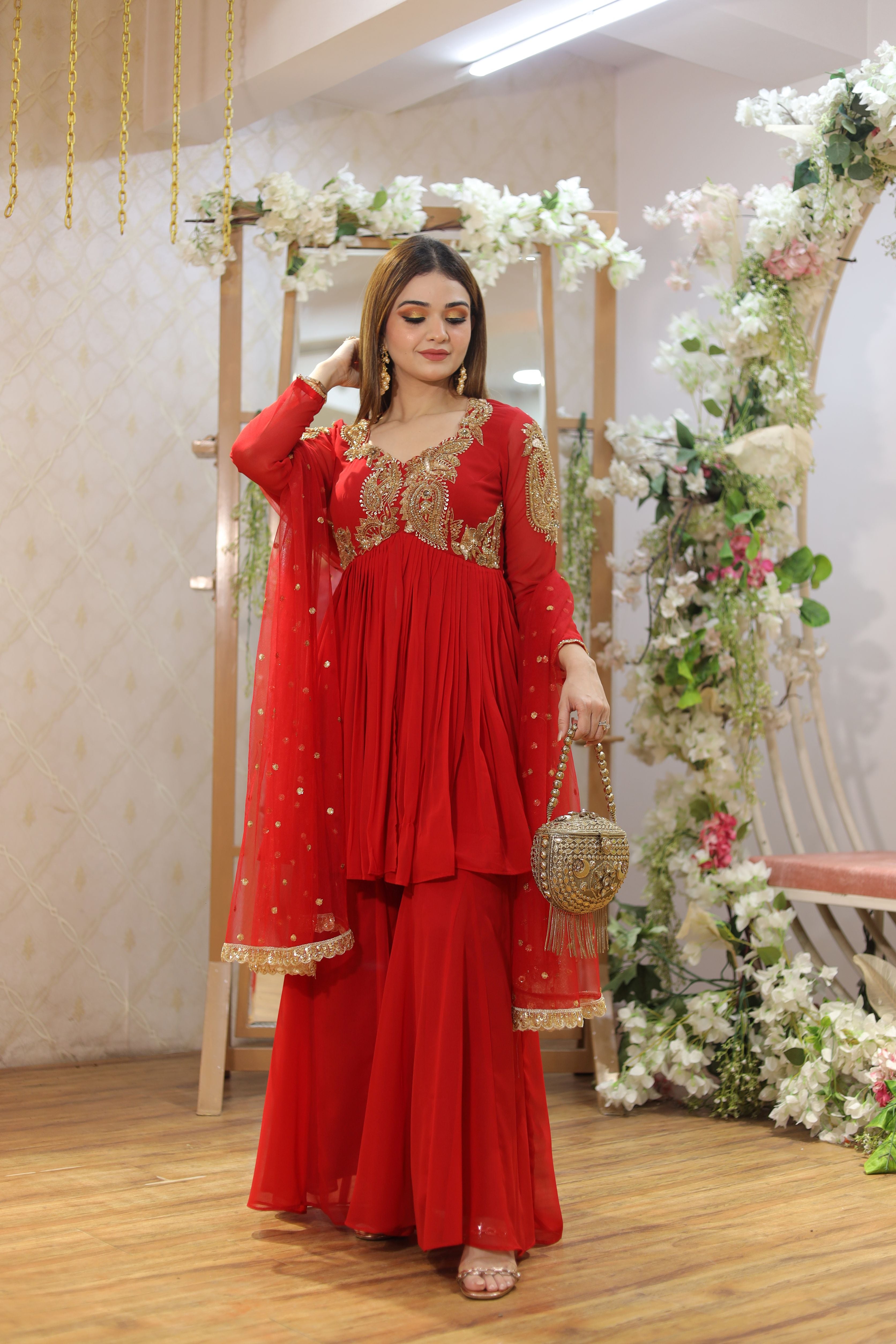 Red georgette sharara suit set