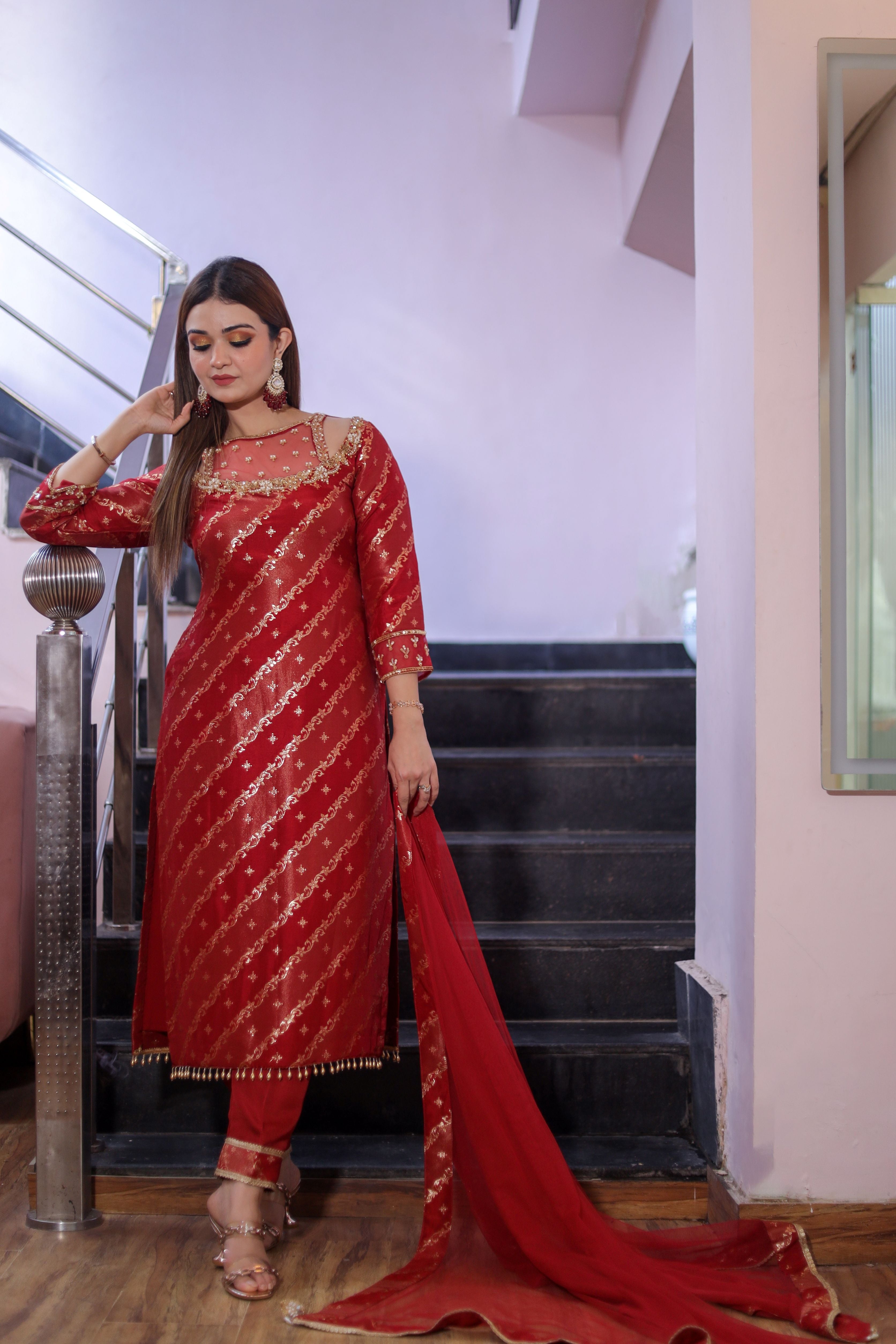 Red banarasi suit with straight pants