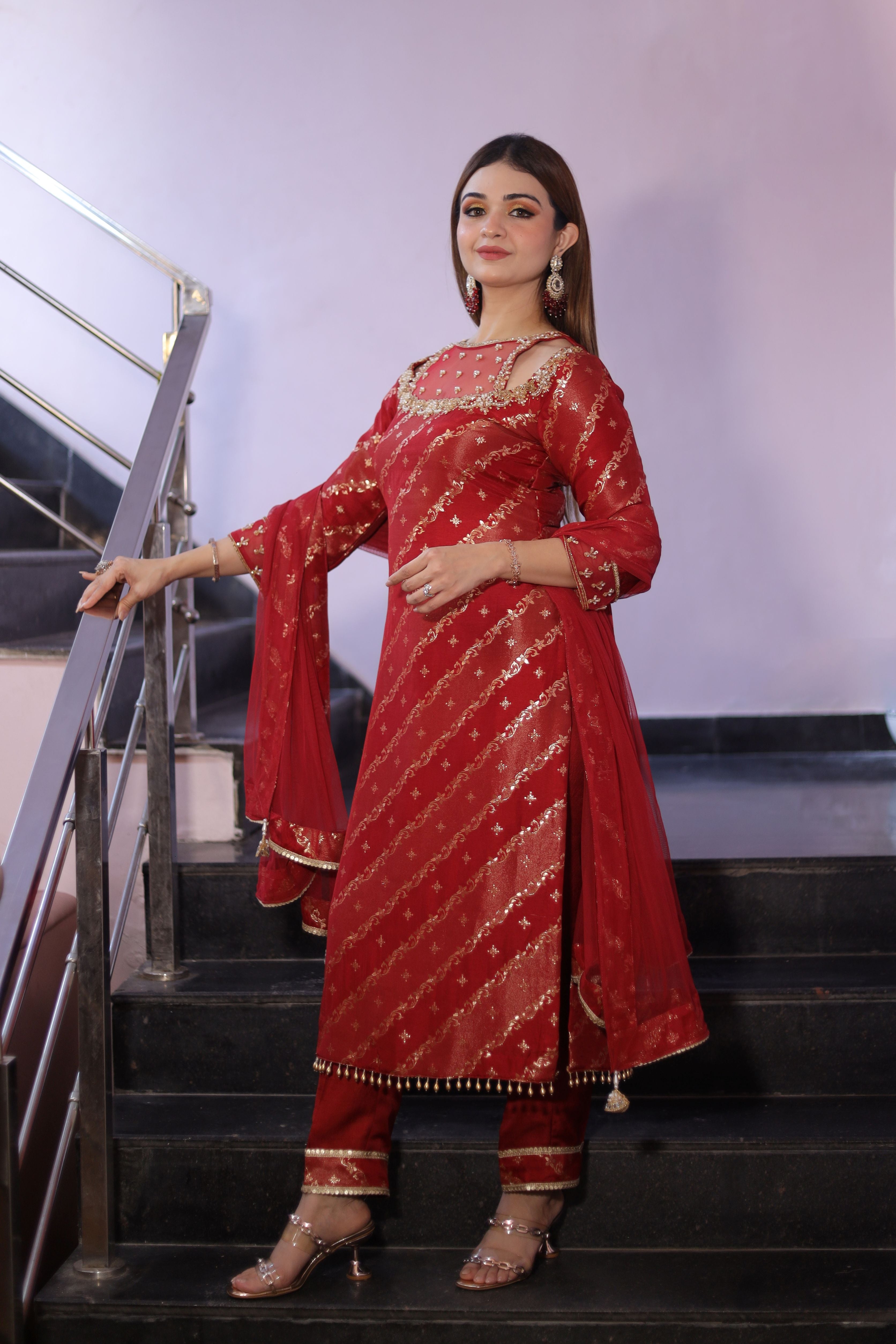 Red banarasi suit with straight pants
