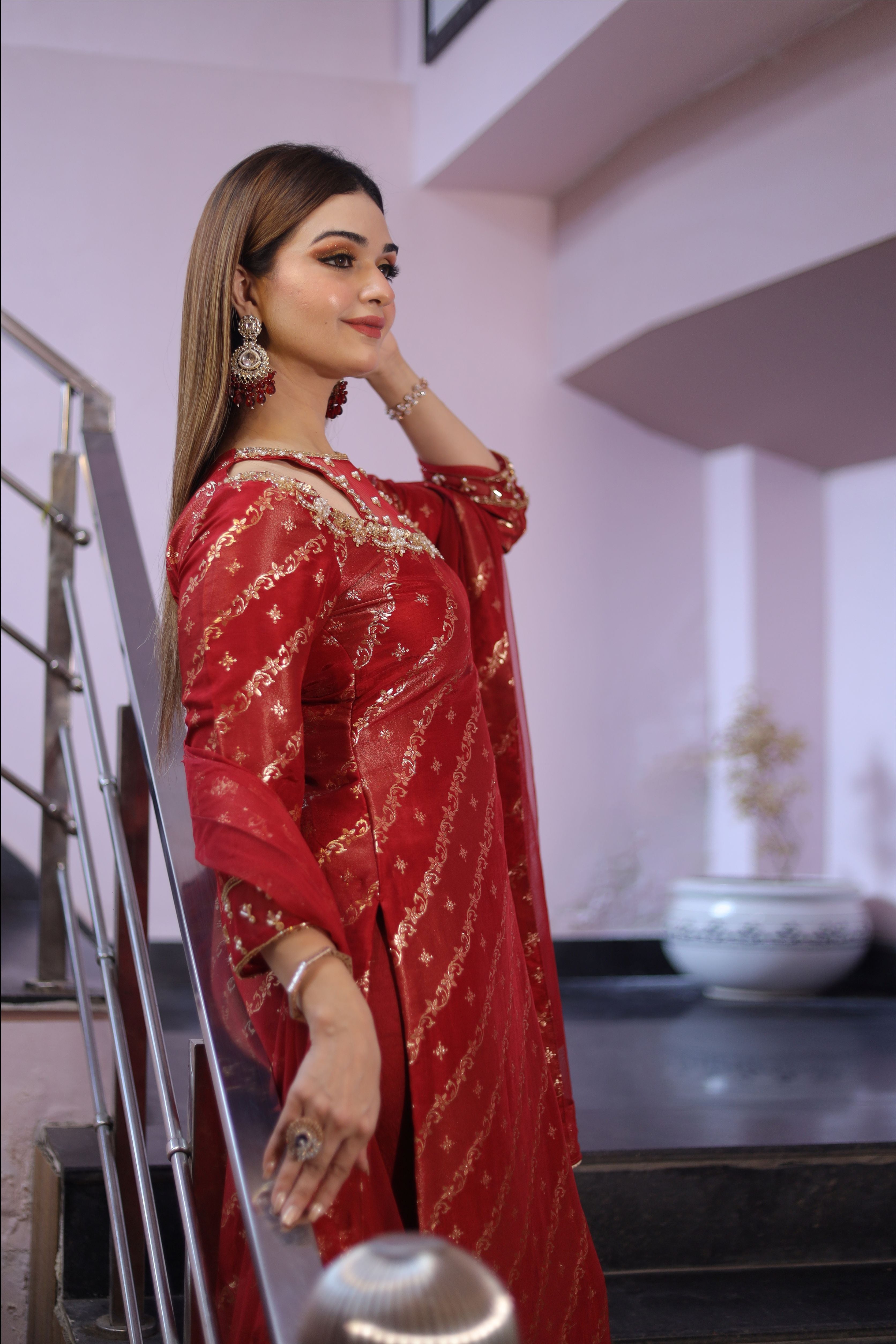 Red banarasi suit with straight pants