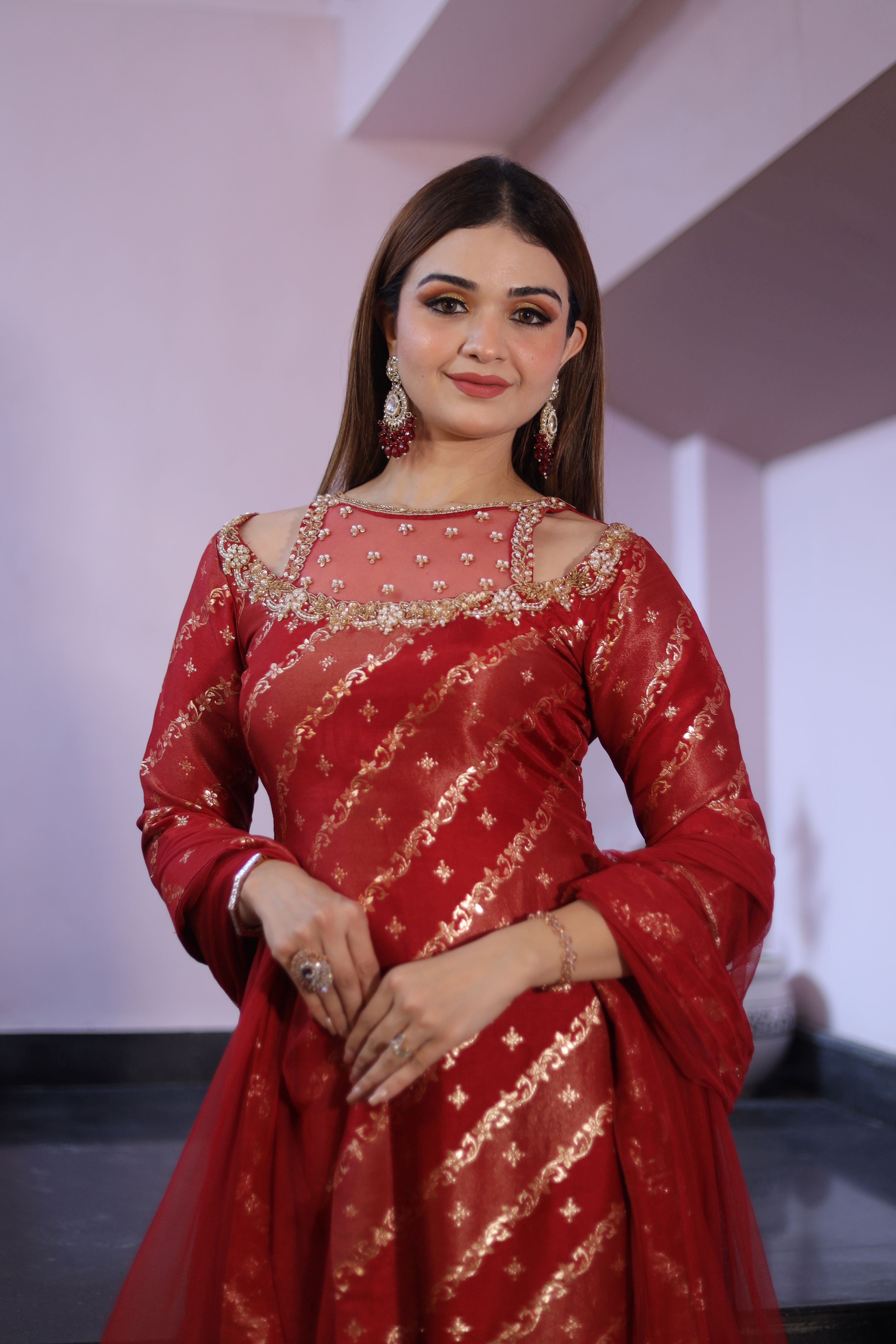 Red banarasi suit with straight pants