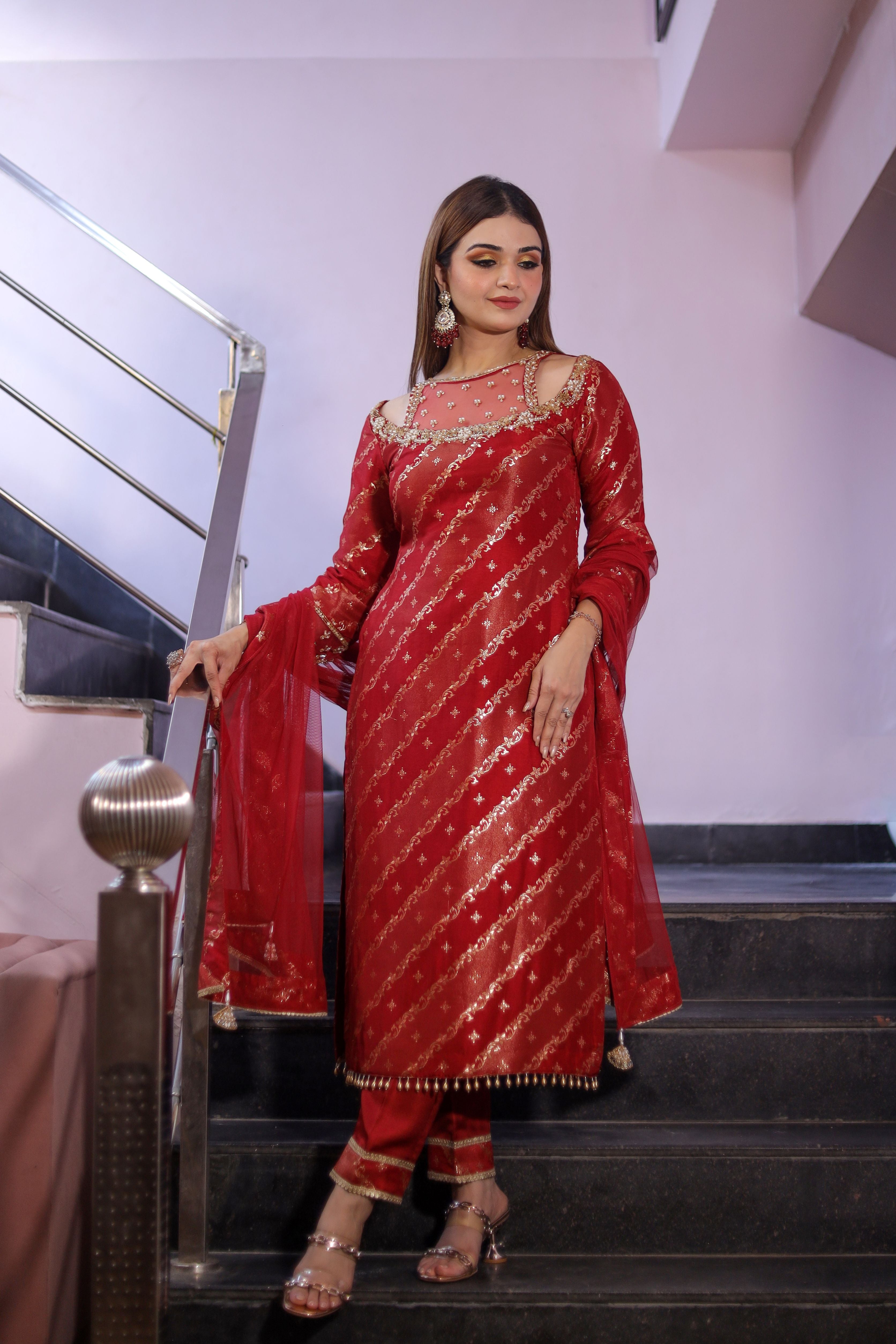 Red banarasi suit with straight pants