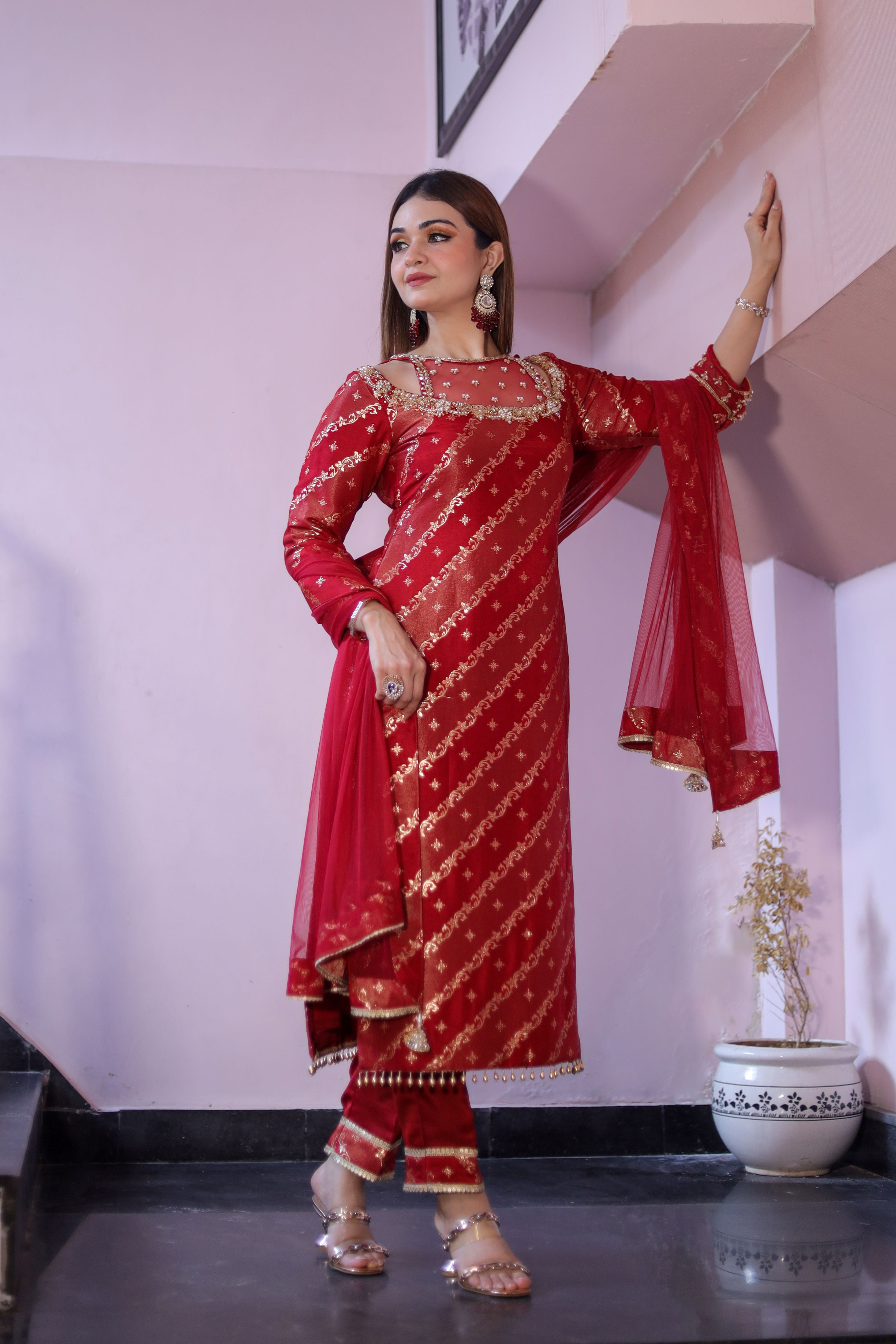 Red banarasi suit with straight pants