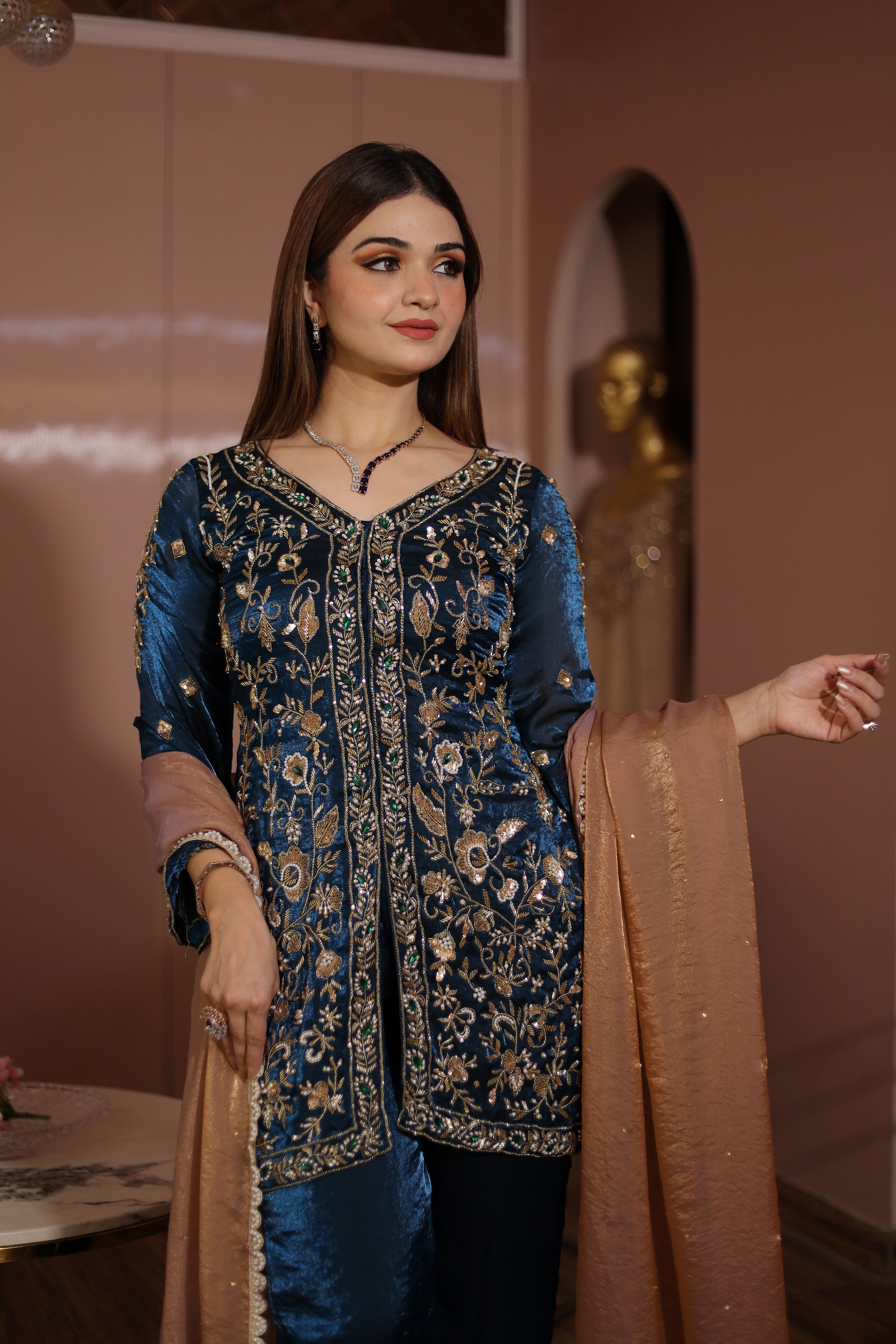 Teal colour heavy embroidered jacket set and plazo with contrasting dupatta