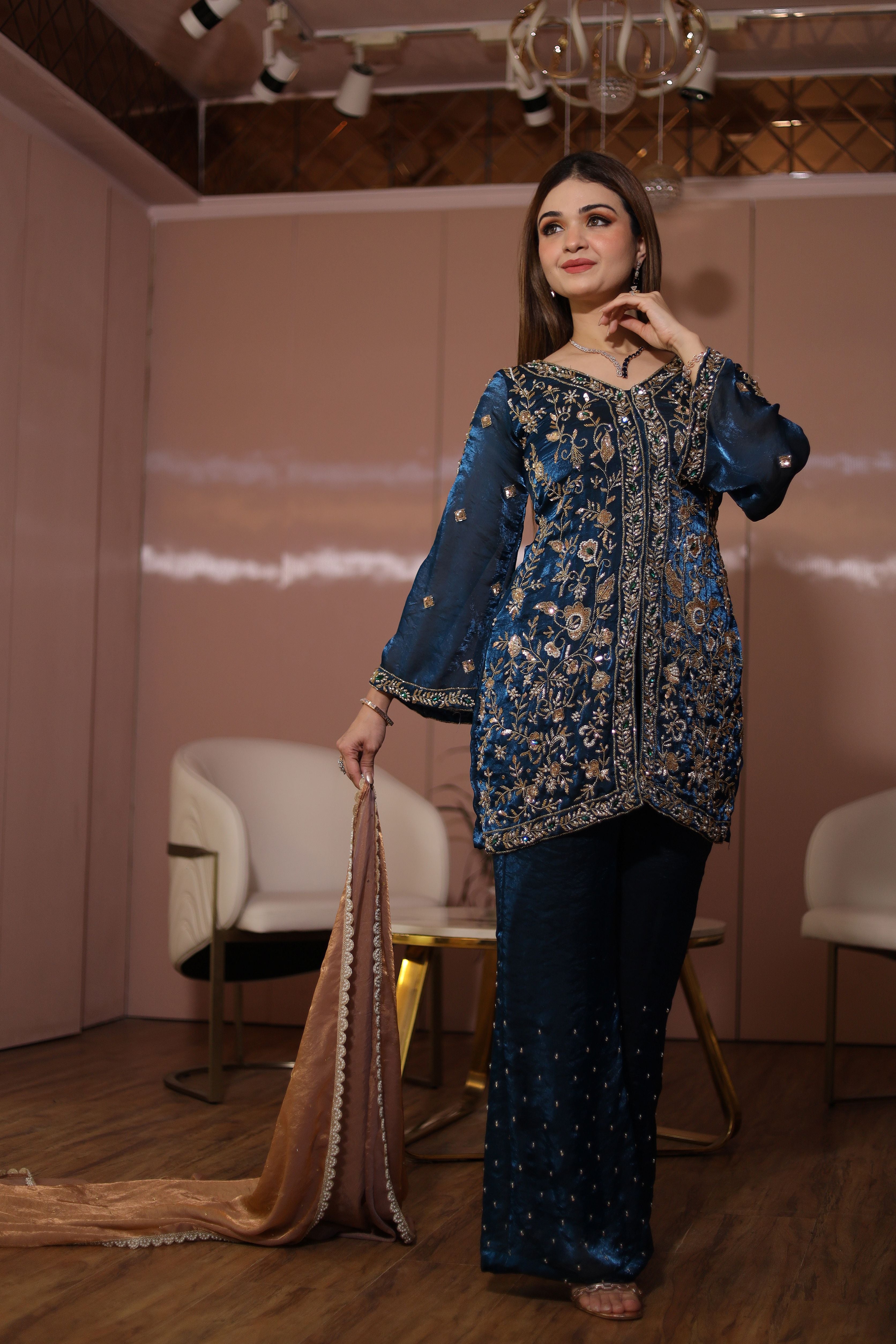 Teal colour heavy embroidered jacket set and plazo with contrasting dupatta
