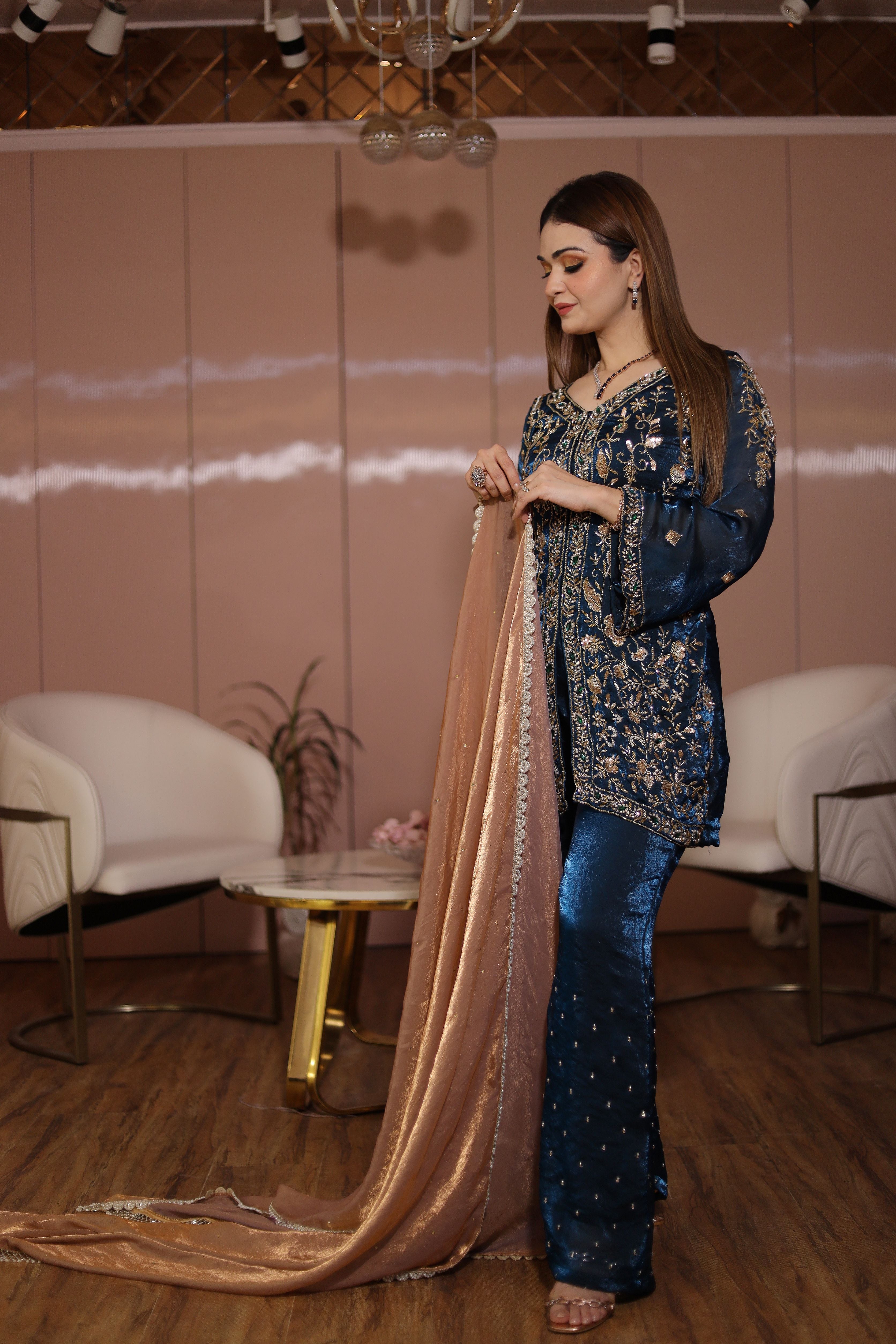 Teal colour heavy embroidered jacket set and plazo with contrasting dupatta
