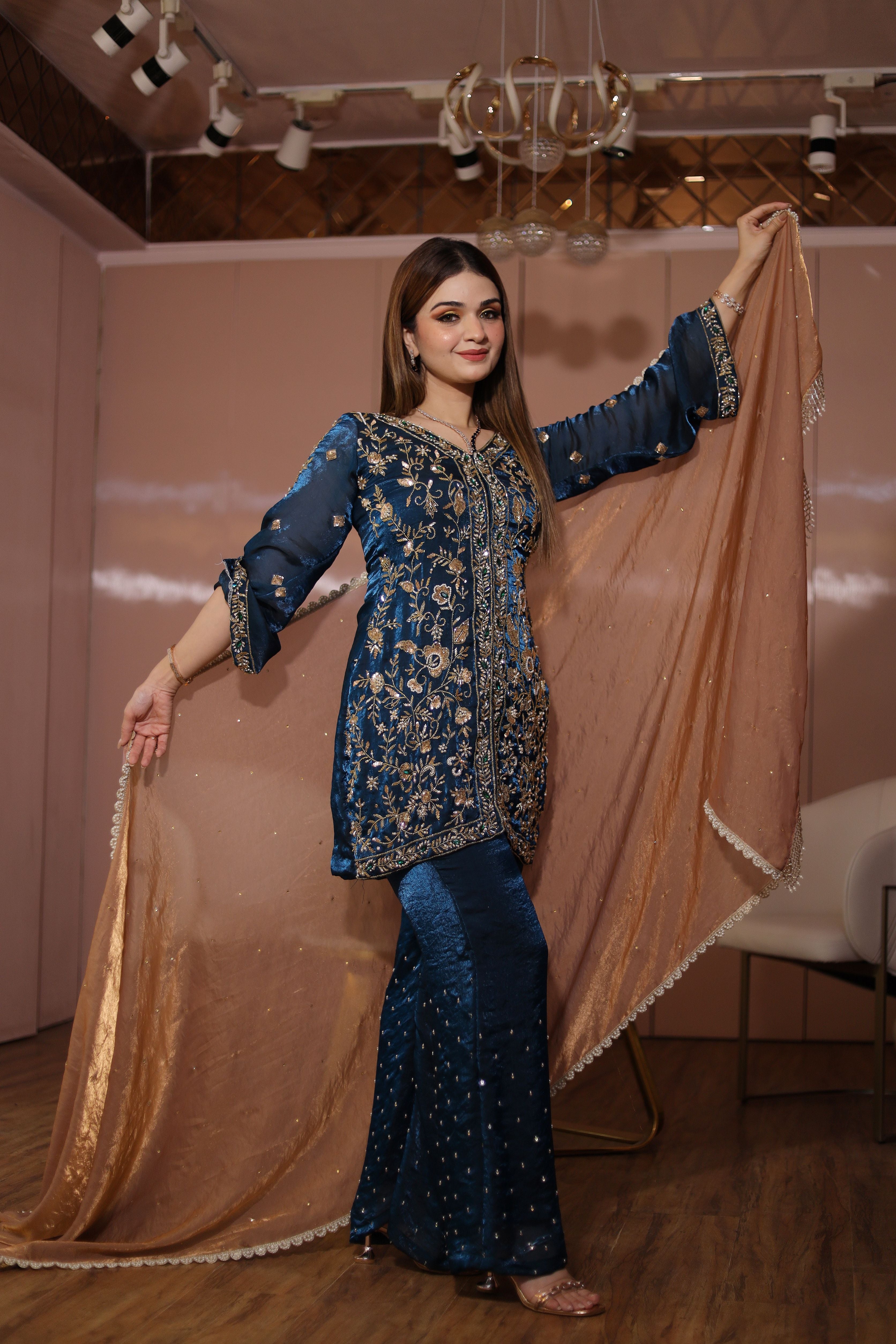 Teal colour heavy embroidered jacket set and plazo with contrasting dupatta