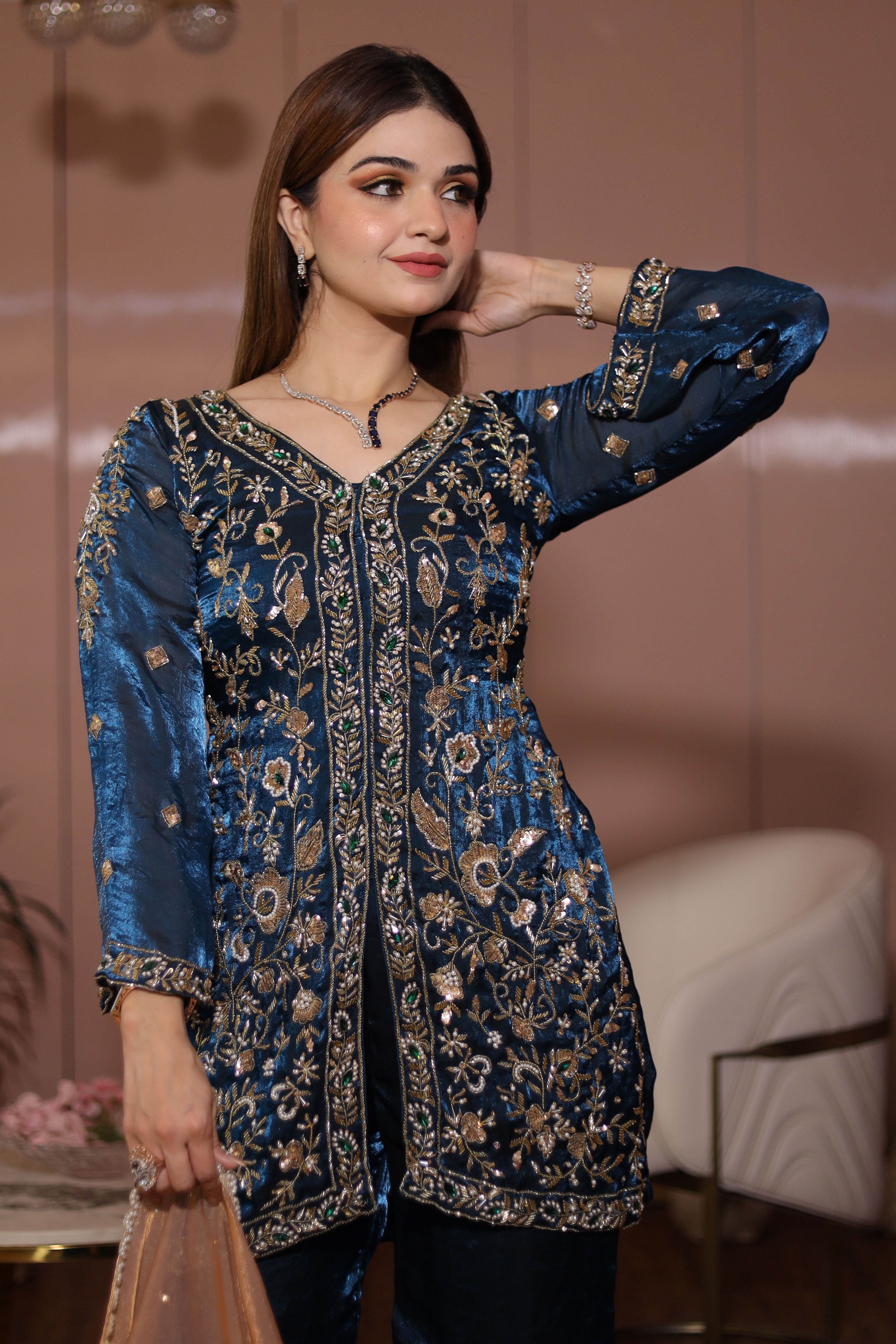 Teal colour heavy embroidered jacket set and plazo with contrasting dupatta
