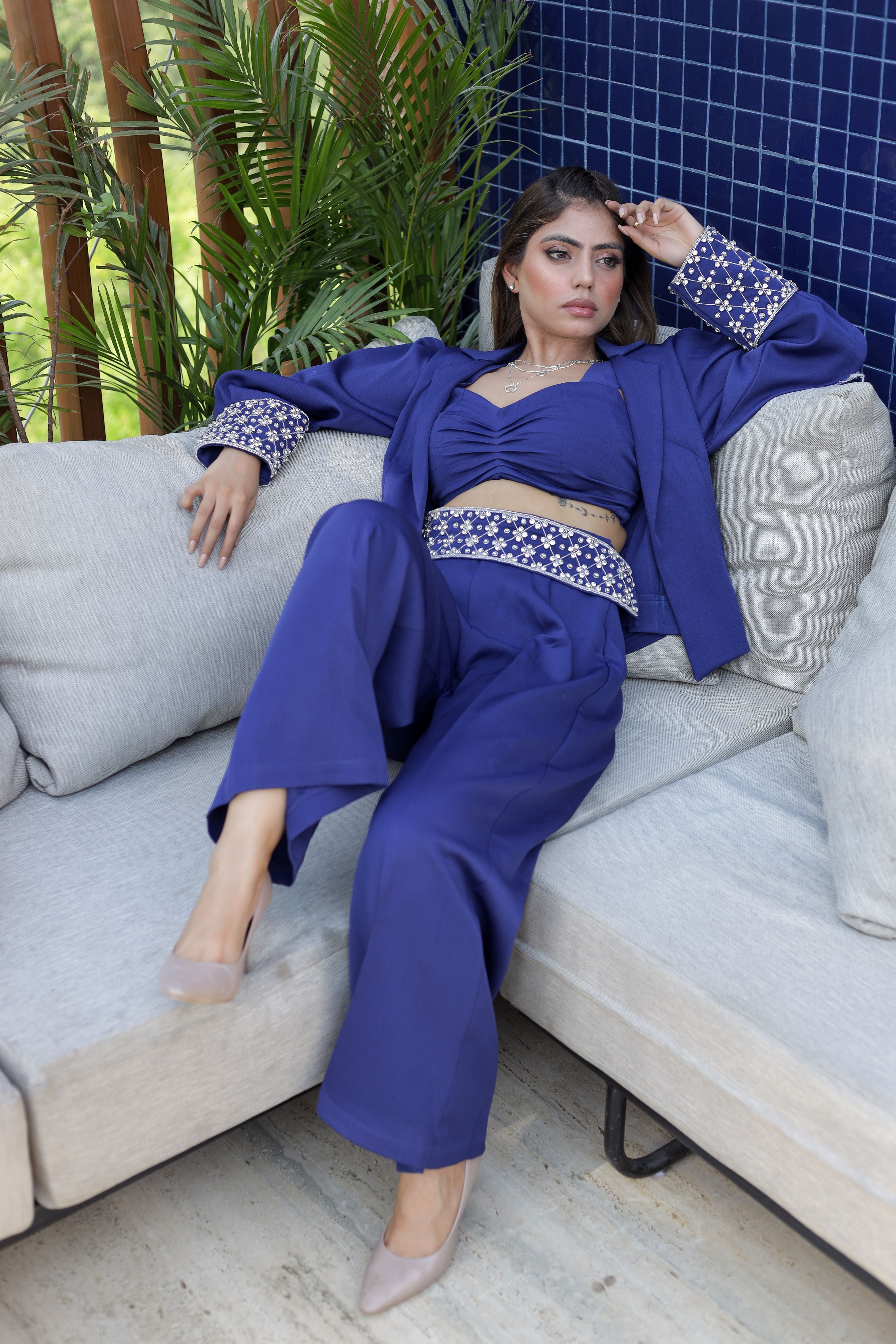 Royal Blue Embroidered 3 piece blazer set
