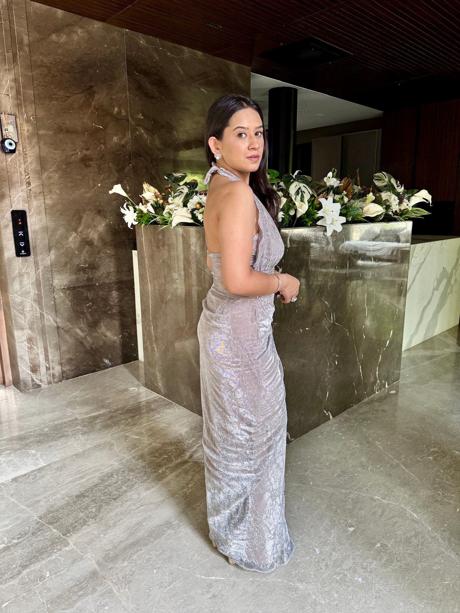 Grey soft net halter neck dress with Embroidered belt one piece gown set