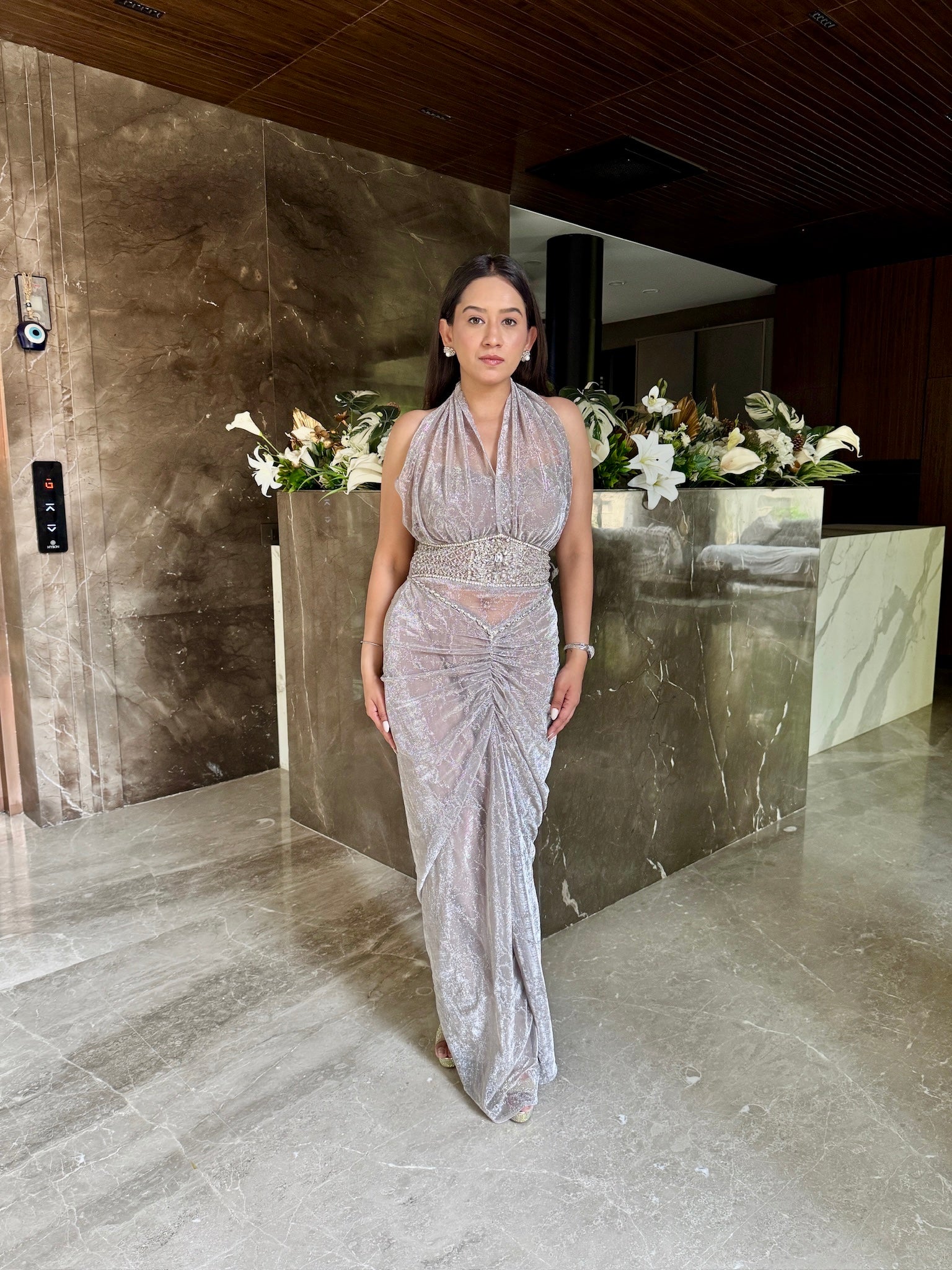 Grey soft net halter neck dress with Embroidered belt one piece gown set