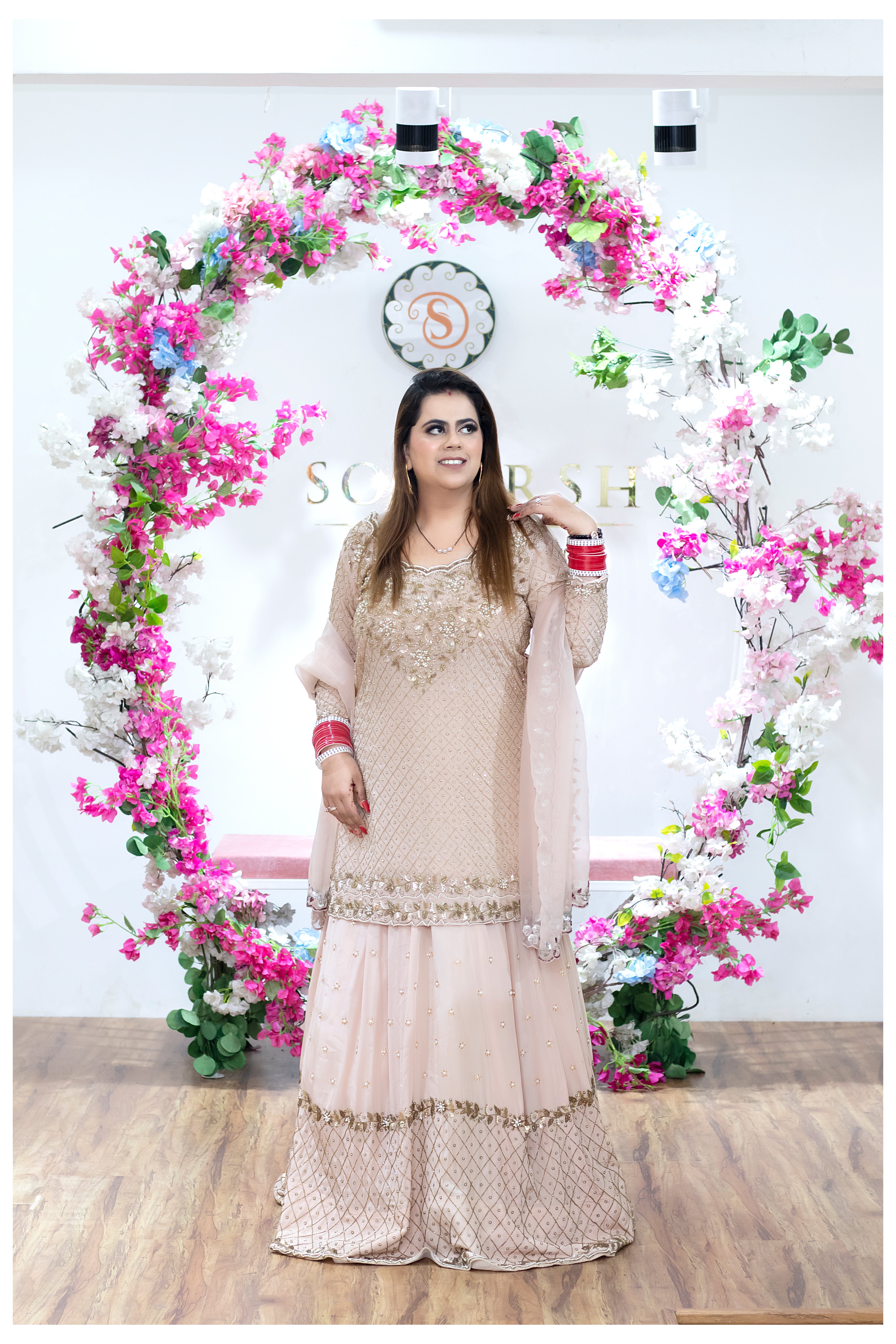 Skin heavy work embroidered jaal suit with skirt set
