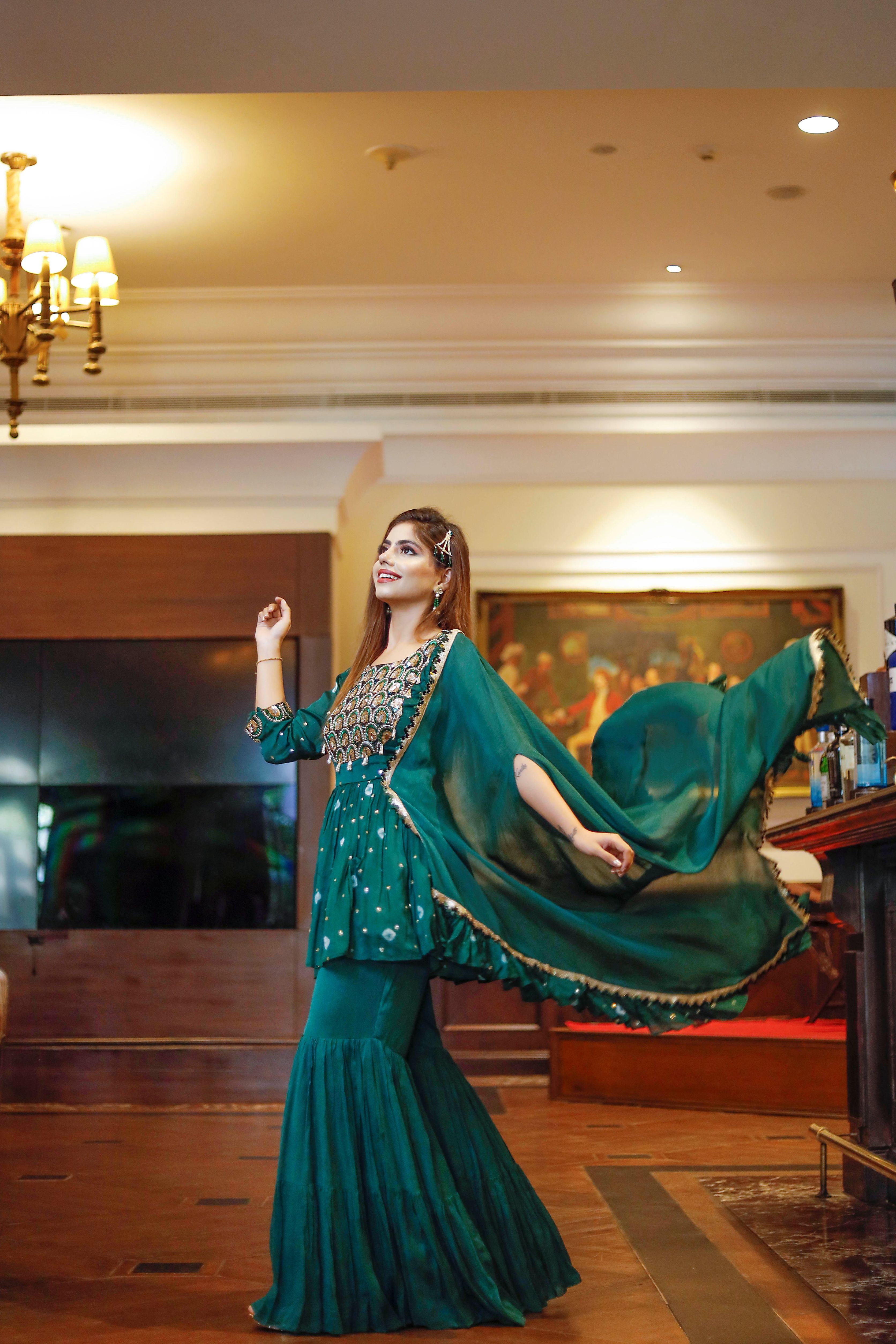 Red bandhani hand embroidered garara set