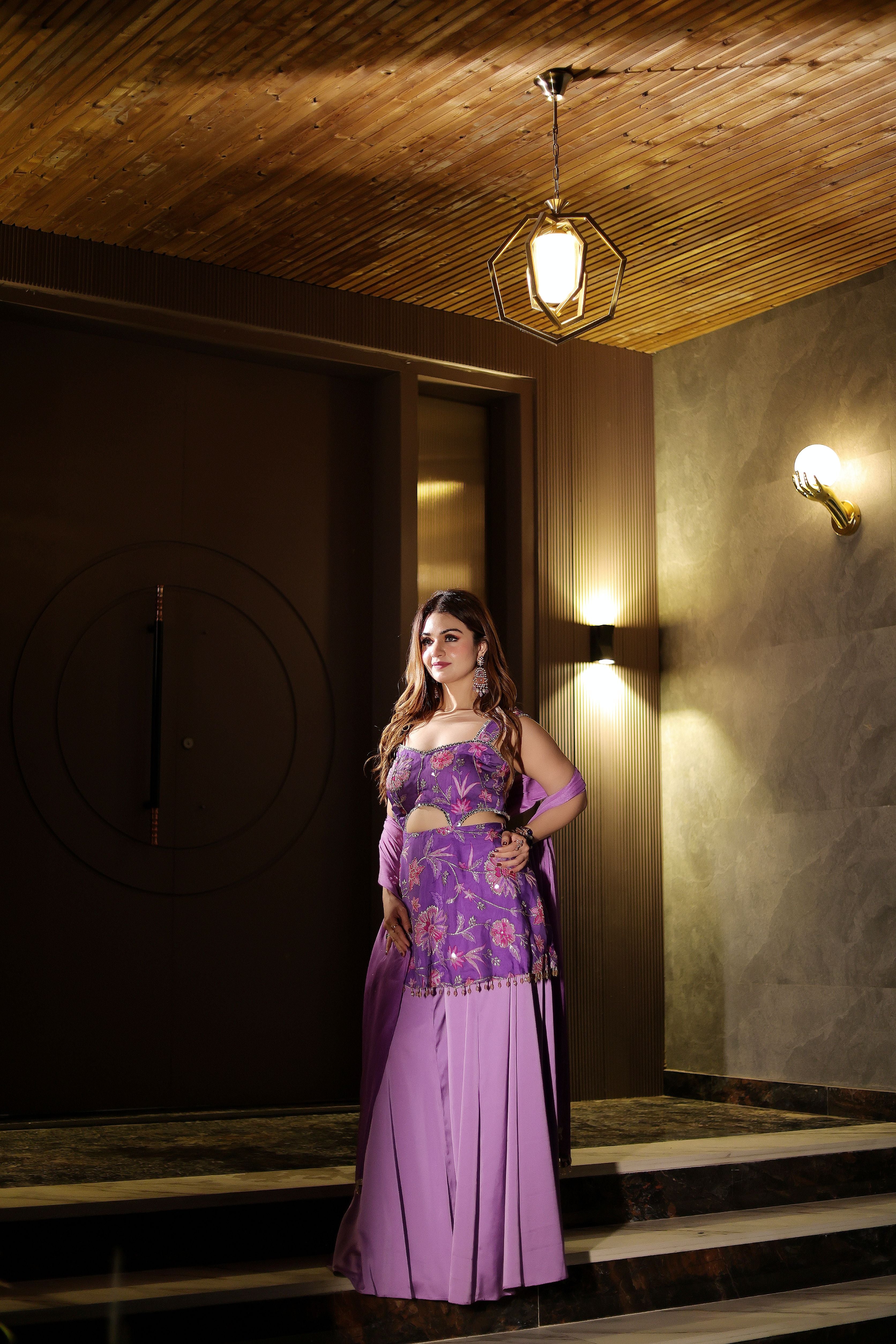Floral purple suit with satin sharara set
