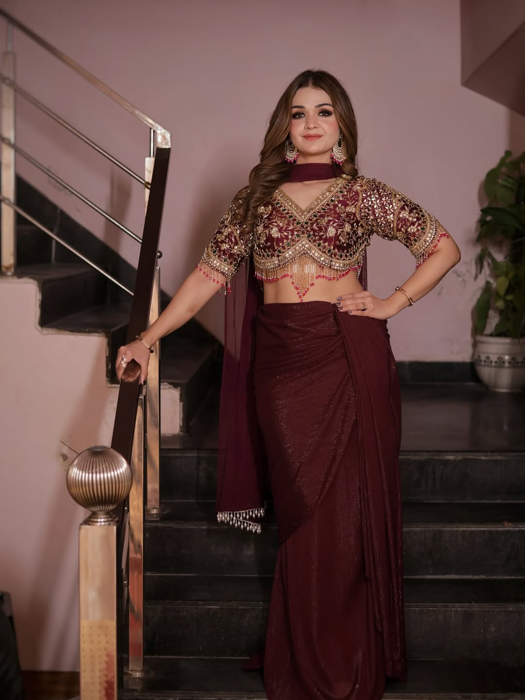 Traditional Motif Blouse with Wine drape skirt and dupatta