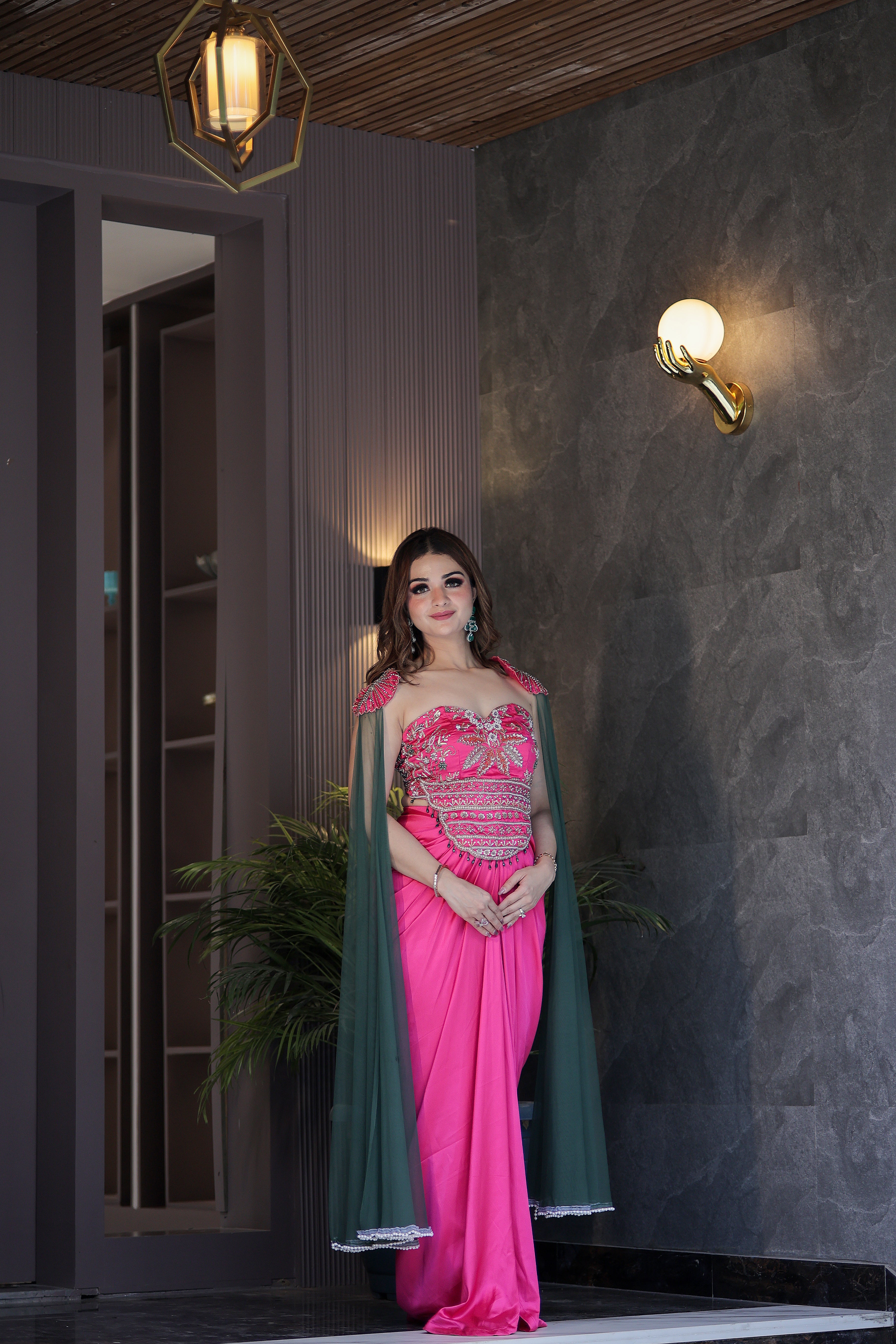 Pink pearl Corset drape skirt dress with contrasting net shrug