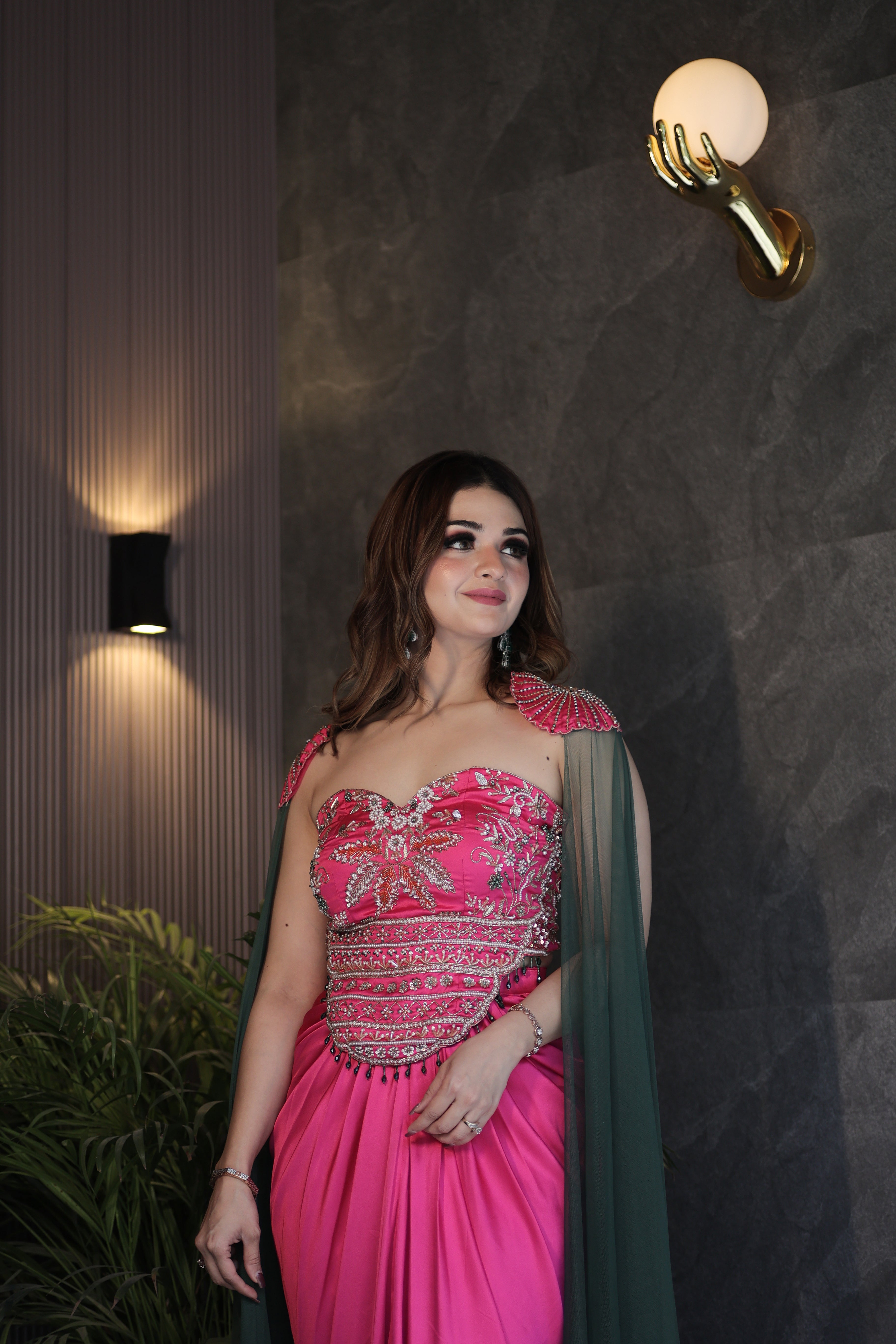 Pink pearl Corset drape skirt dress with contrasting net shrug