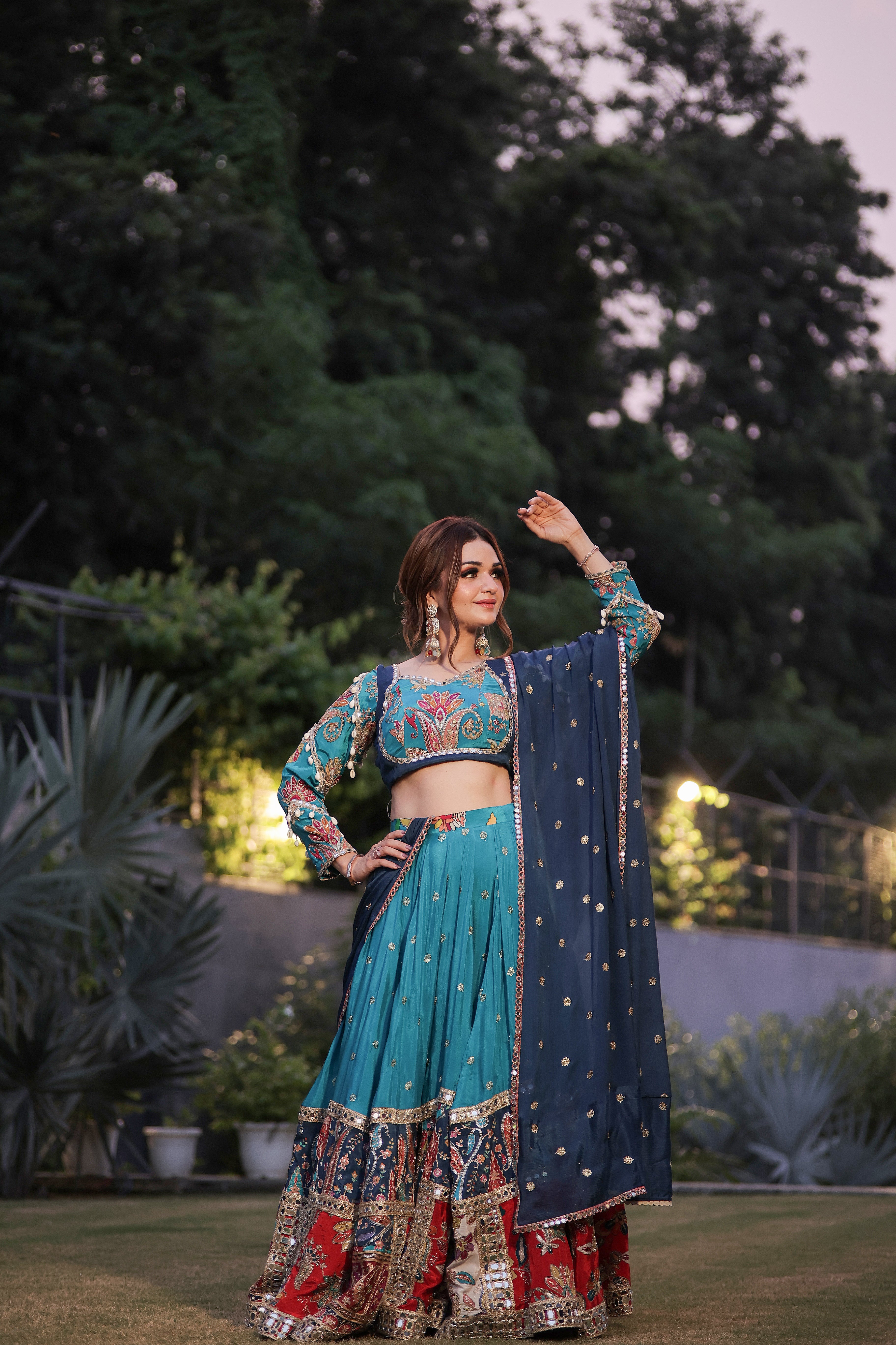 Peacock shade gujarati lehenga with 16 meter ghera