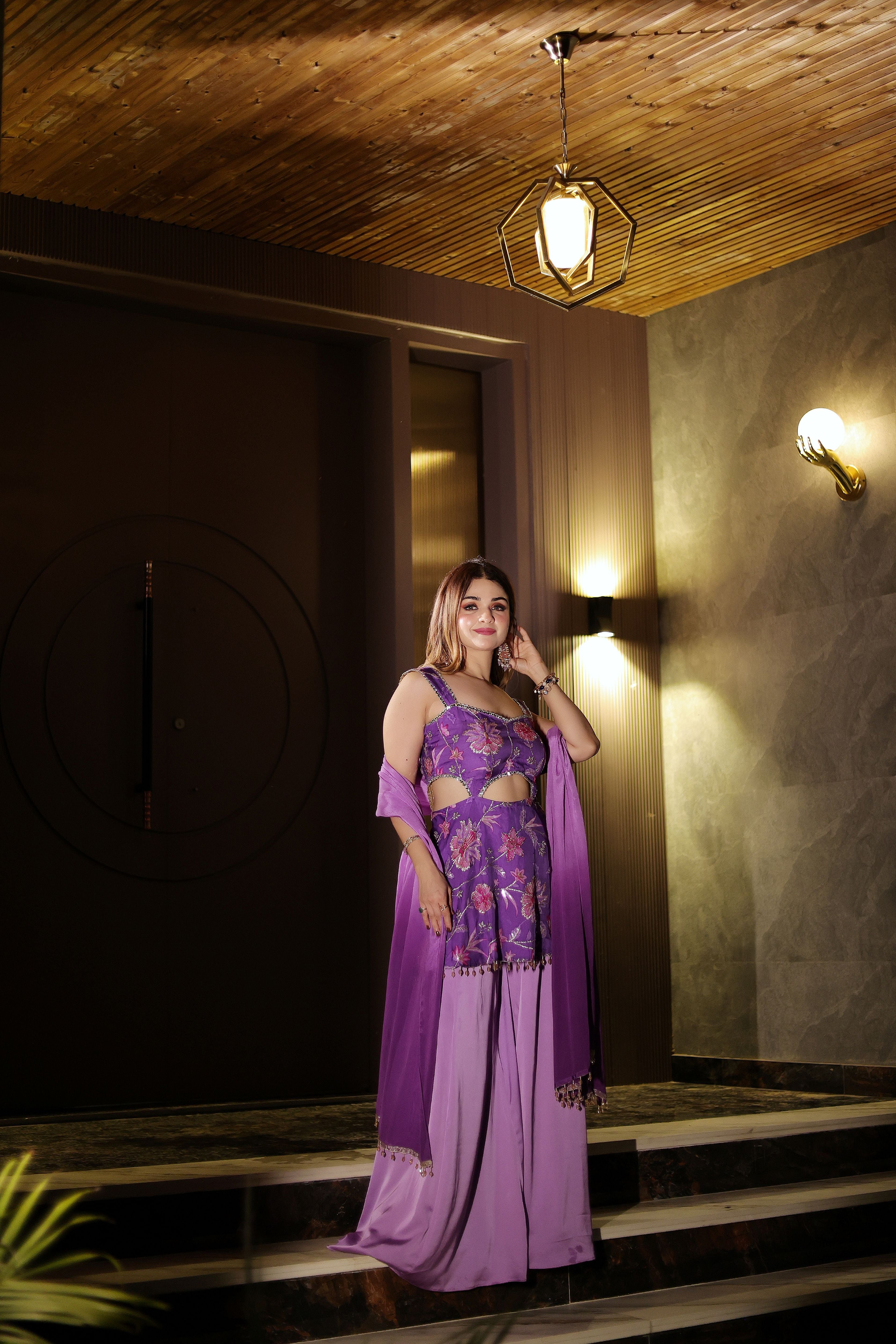 Floral purple suit with satin sharara set