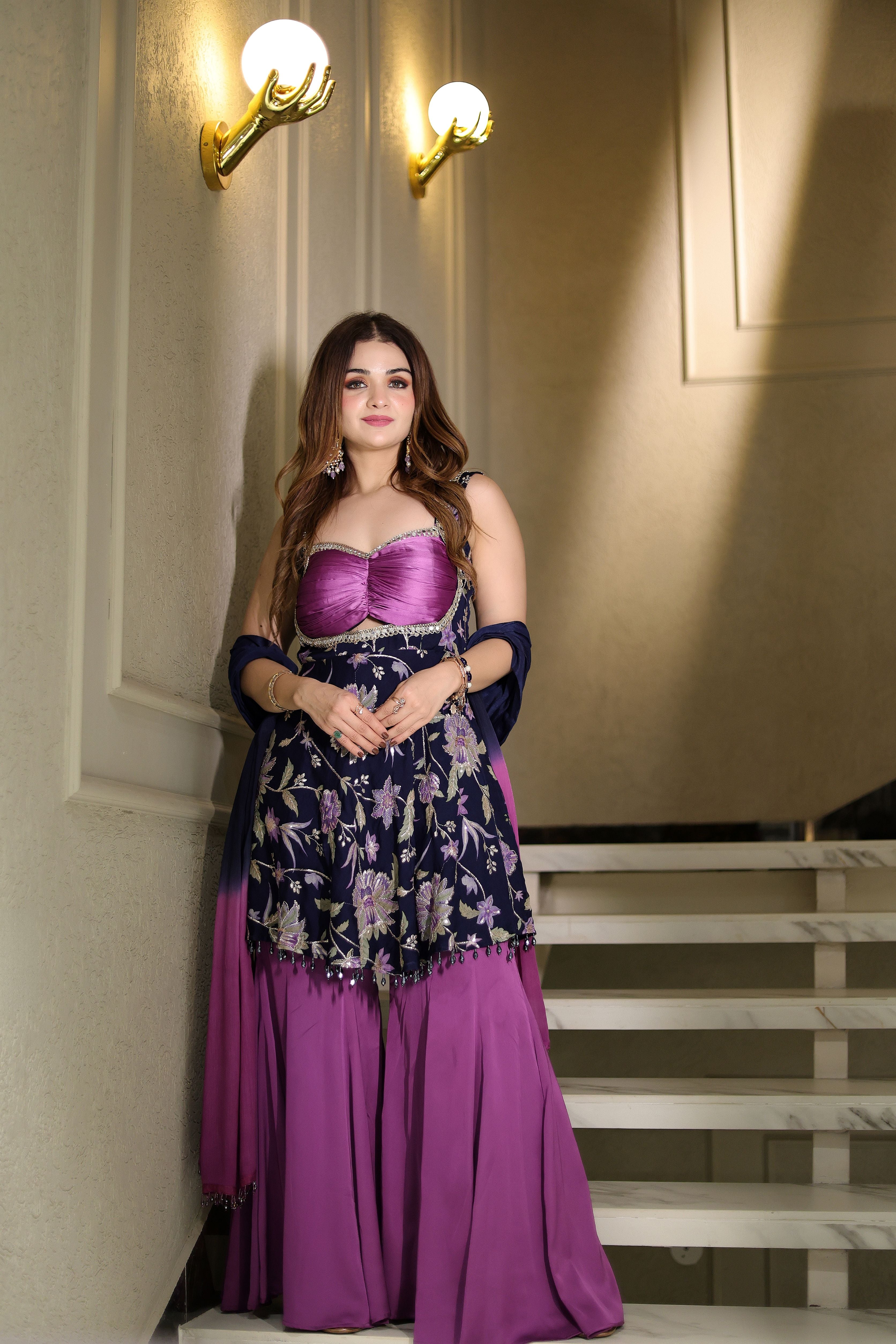 Midnight Bloom floral blue nd purple suit with sharara set