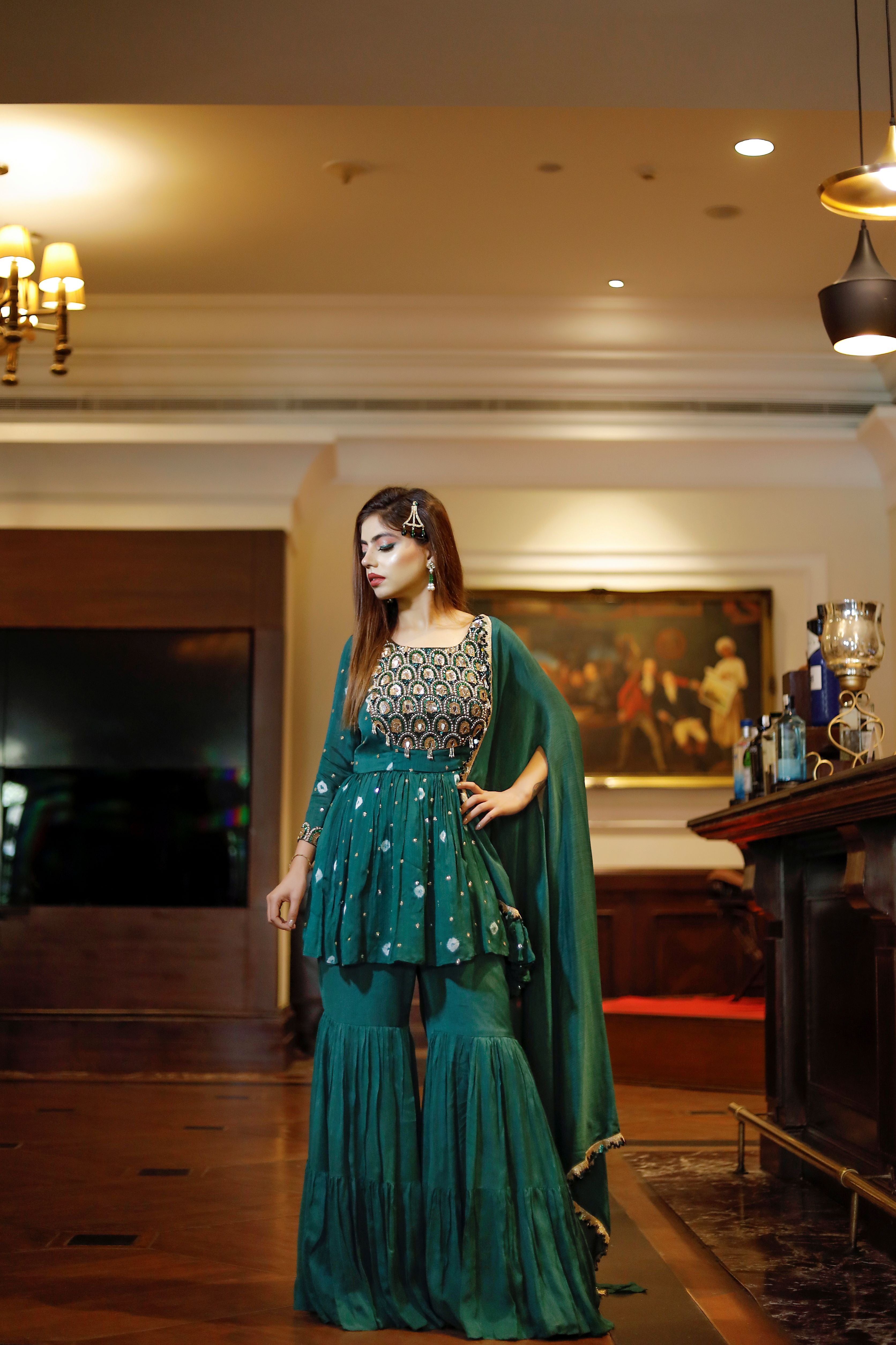 Red bandhani hand embroidered garara set