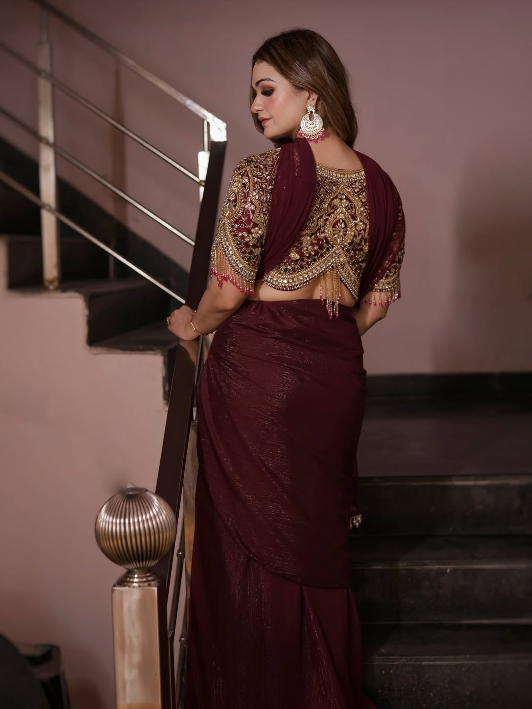 Traditional Motif Blouse with Wine drape skirt and dupatta