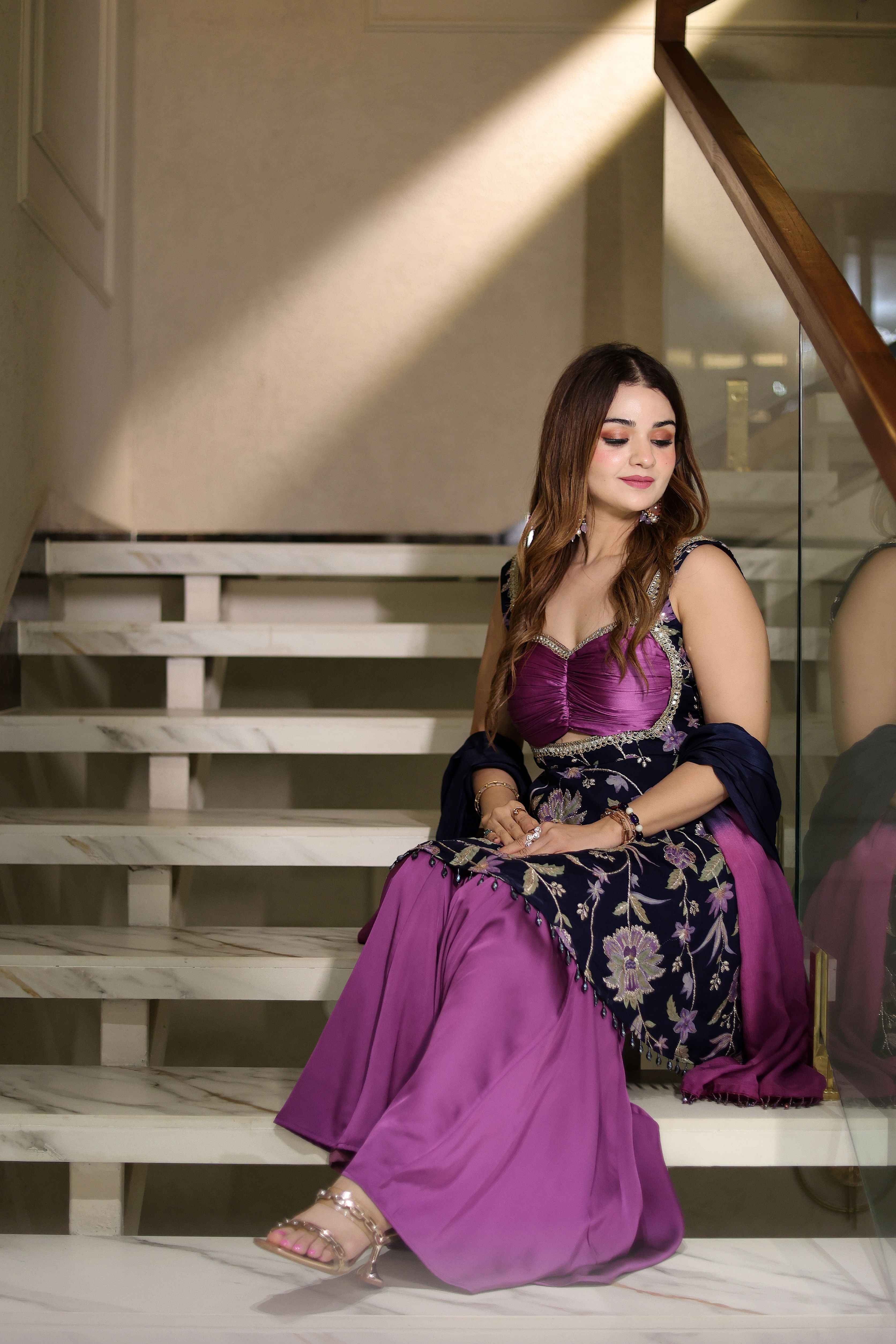 Midnight Bloom floral blue nd purple suit with sharara set