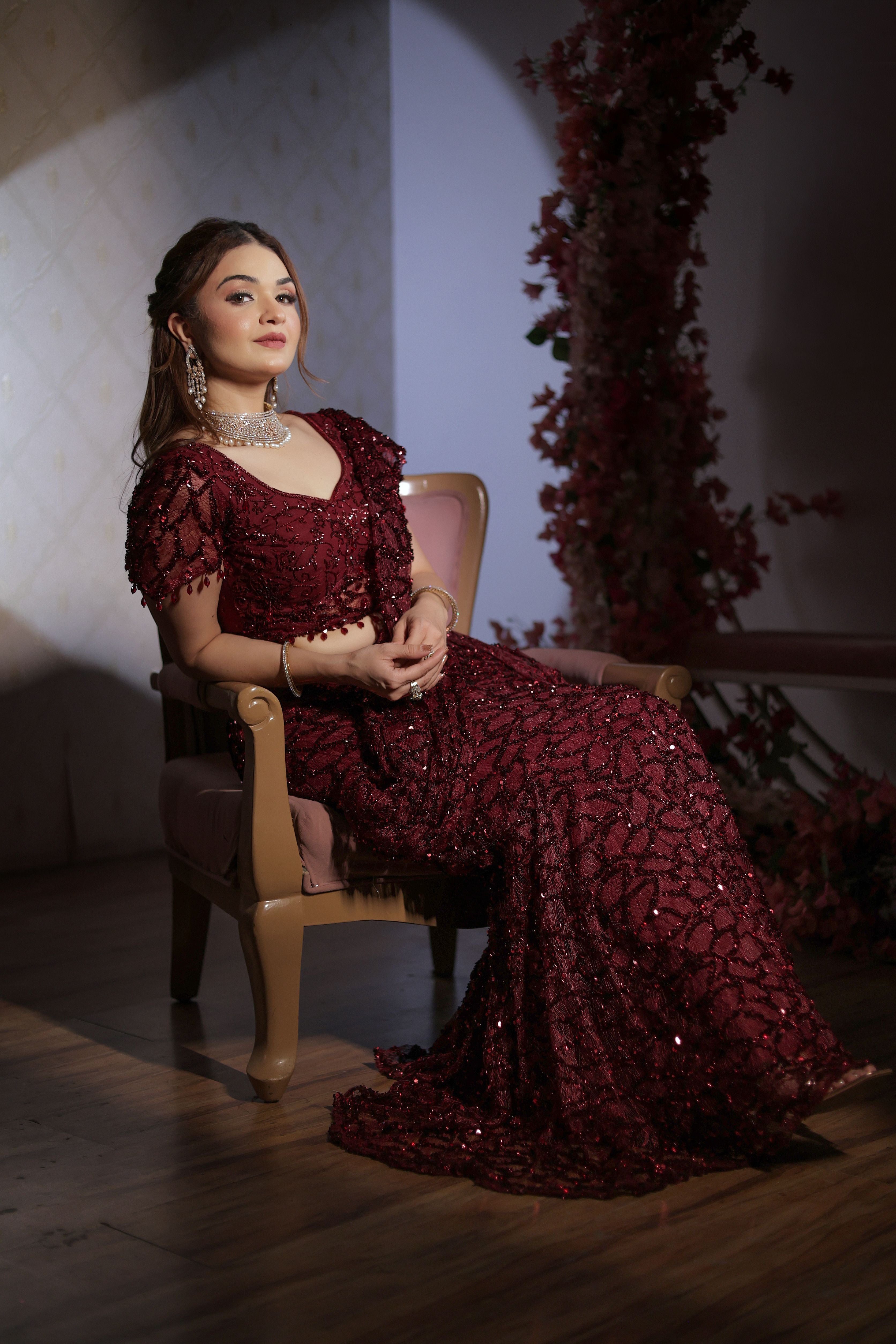 Mehroon stone work drape jaal lehenga saree