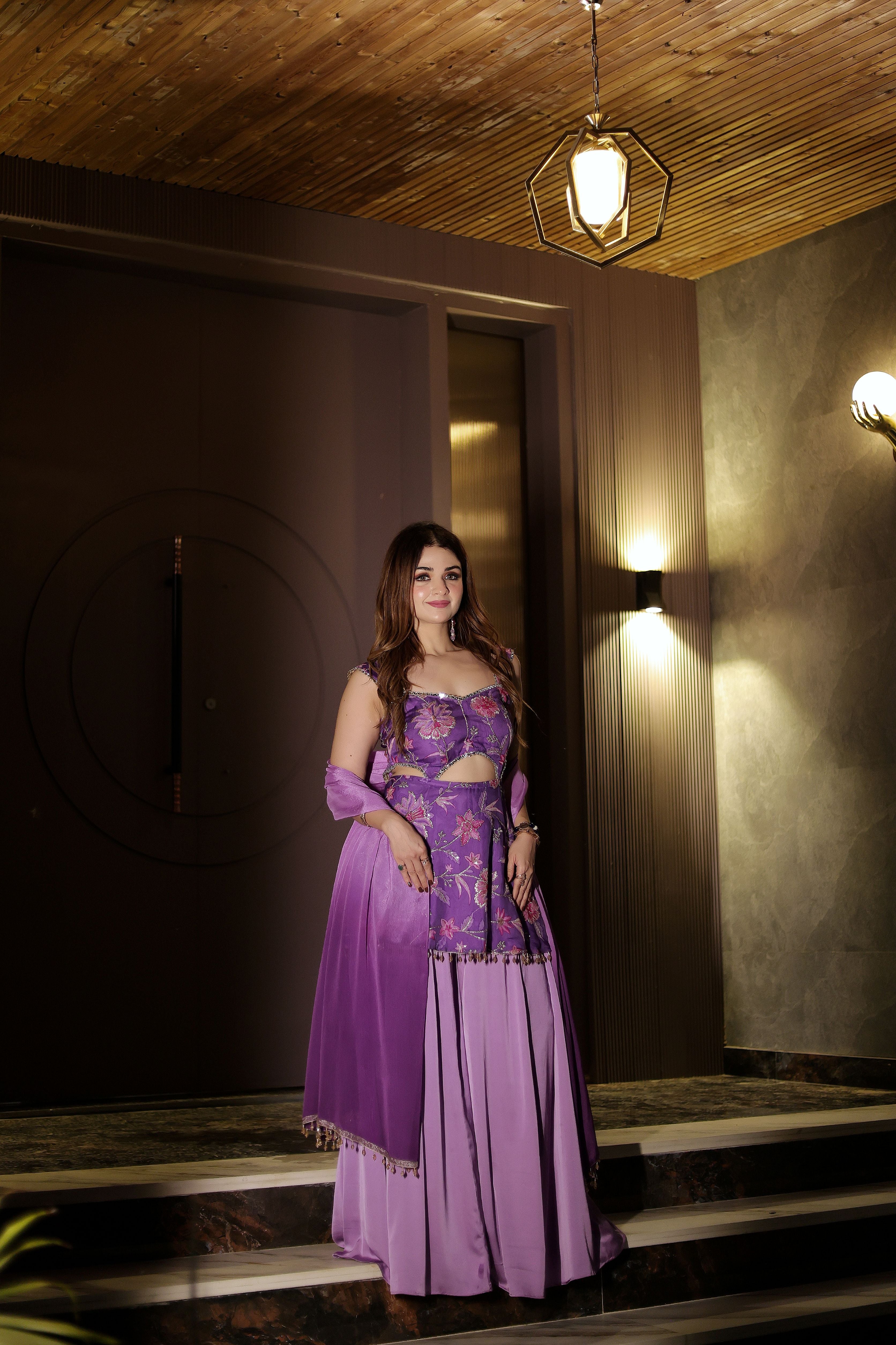 Floral purple suit with satin sharara set