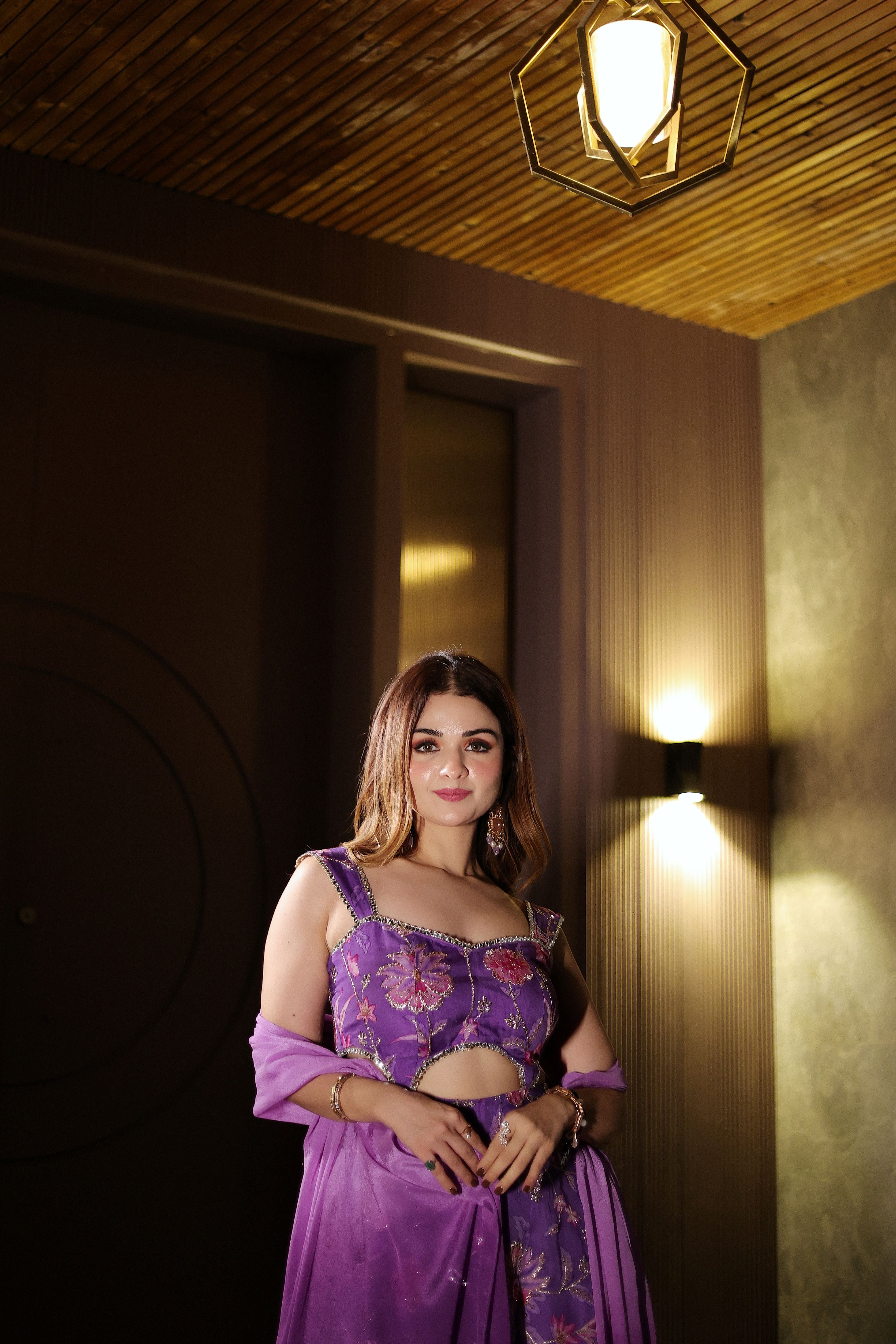 Floral purple suit with satin sharara set