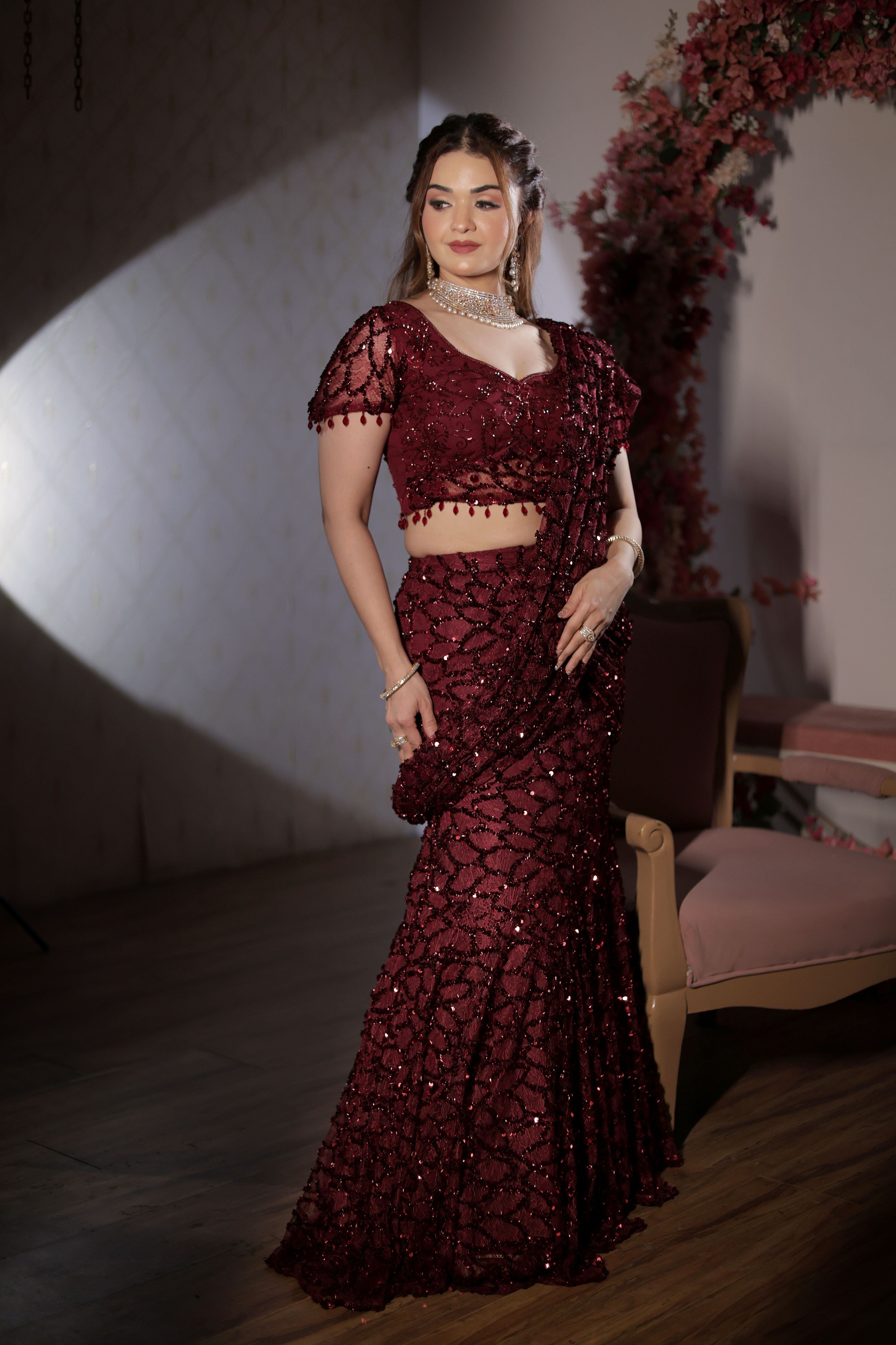 Mehroon stone work drape jaal lehenga saree