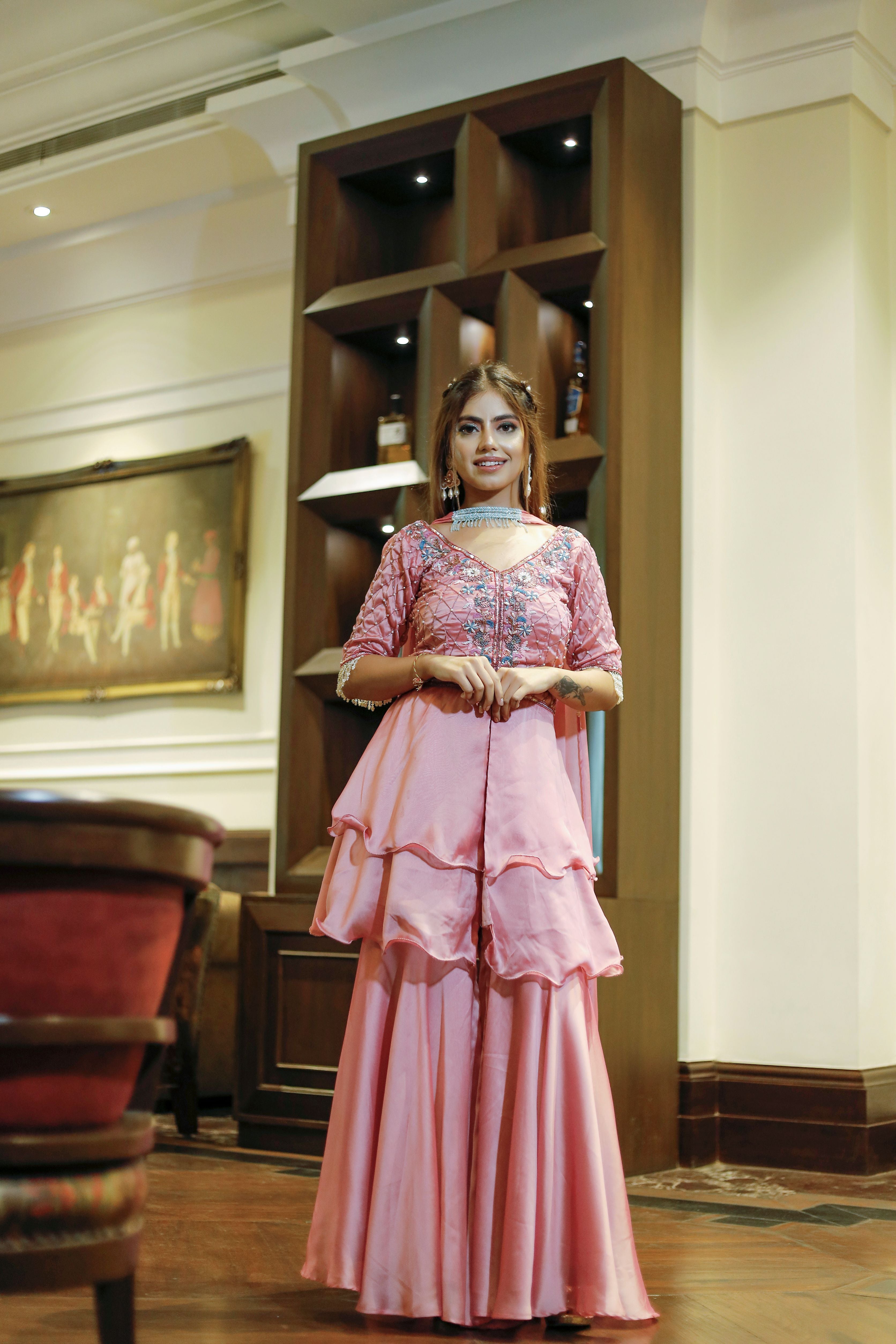 Pink Ruffle suit with blue hand embroidery suit set