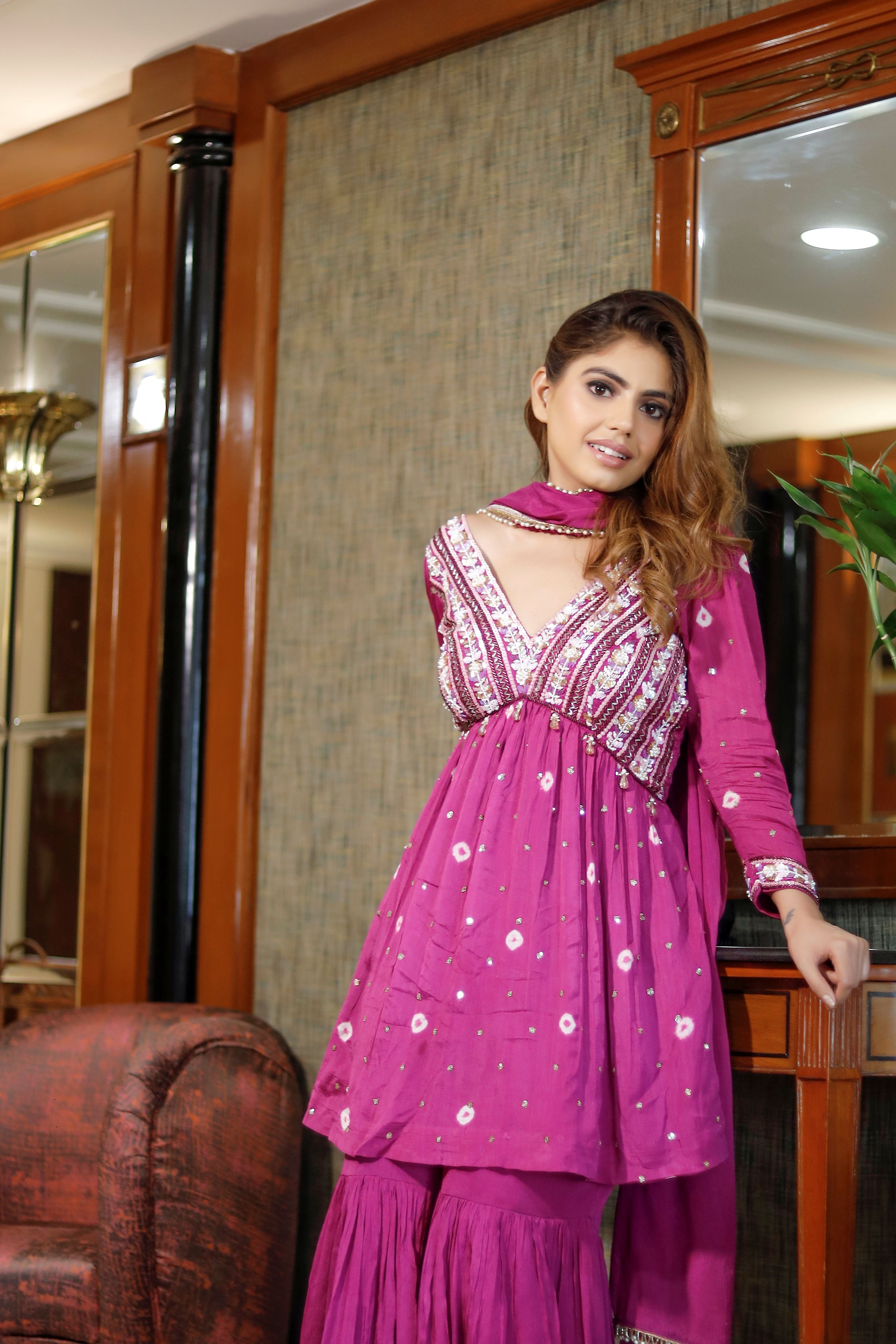 Pink Chanderi hand embroidered garara set