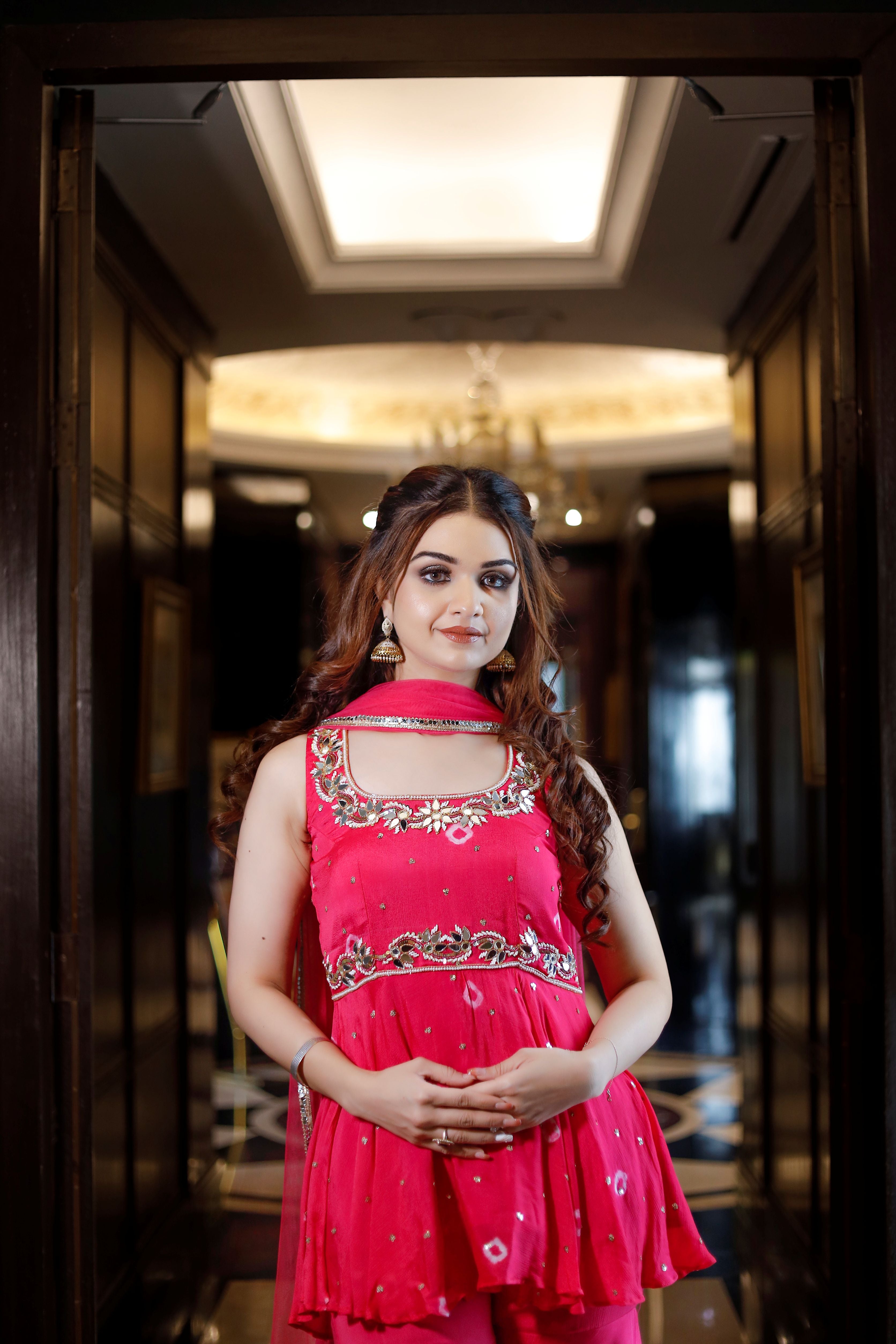 Red bandhani hand embroidered garara set