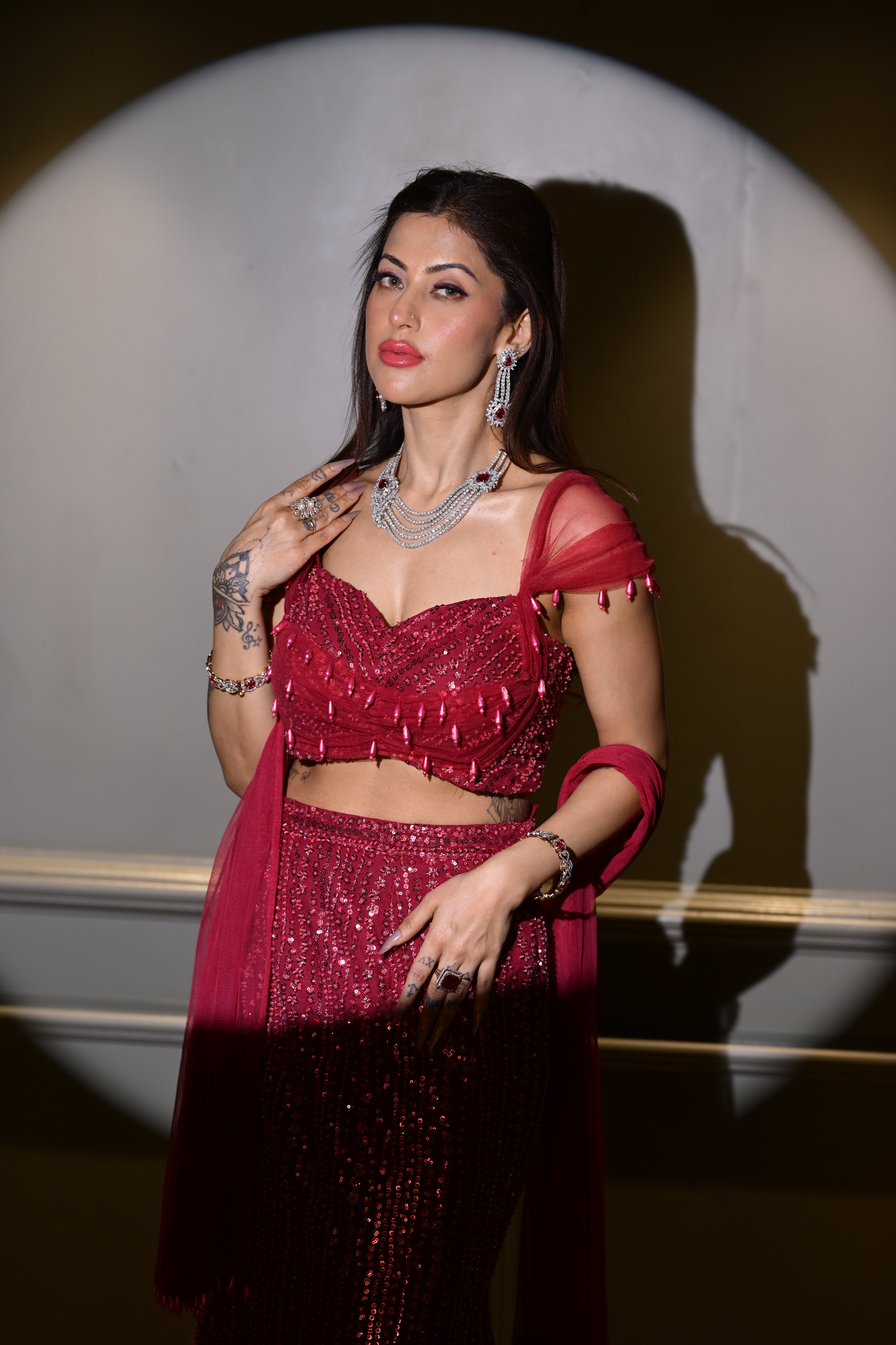Hot Pink Pearl Drop blouse with Fishcut lehenga