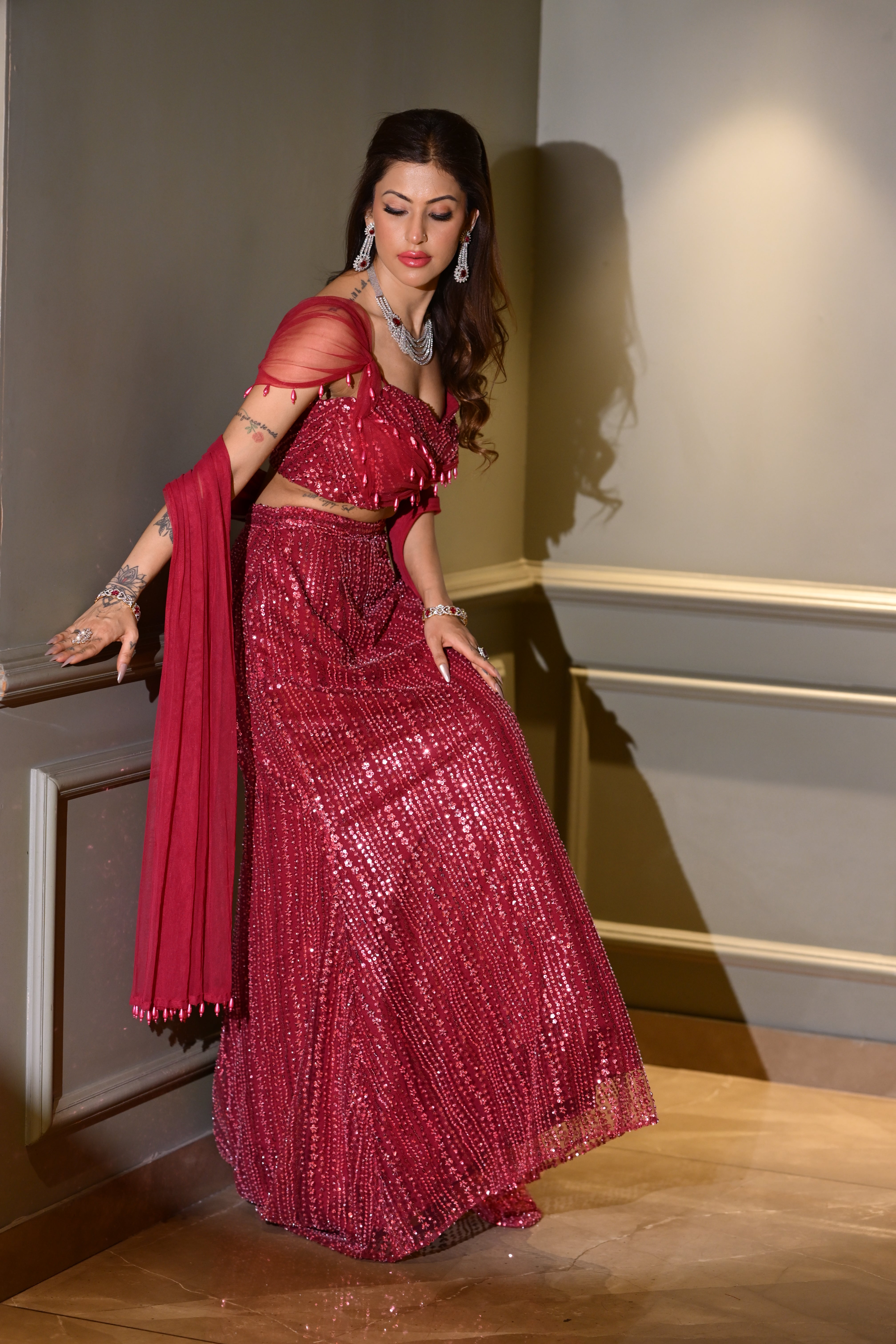 Hot Pink Pearl Drop blouse with Fishcut lehenga