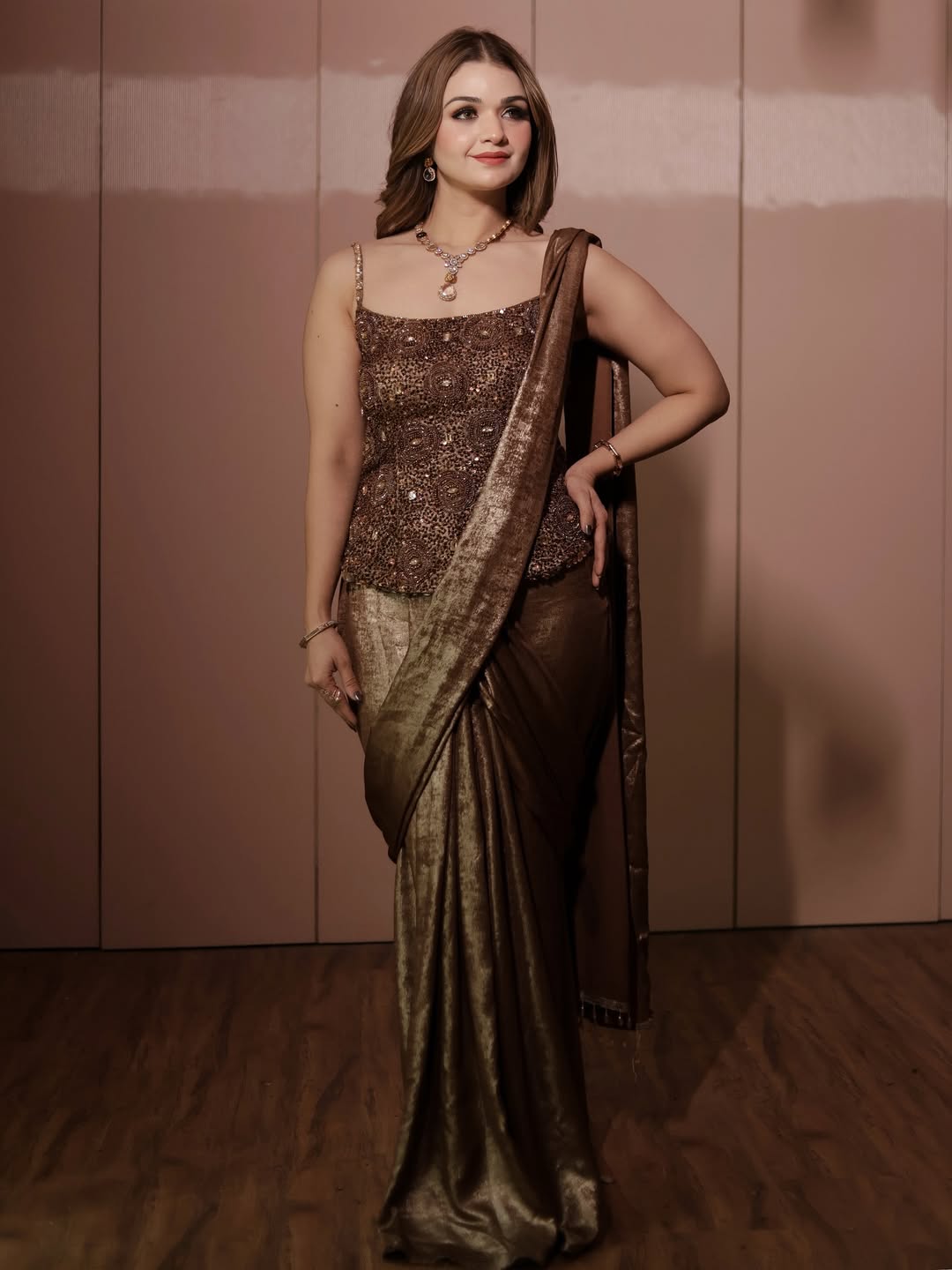 Antique Gold Hand Embroidered Corset with Drape Saree