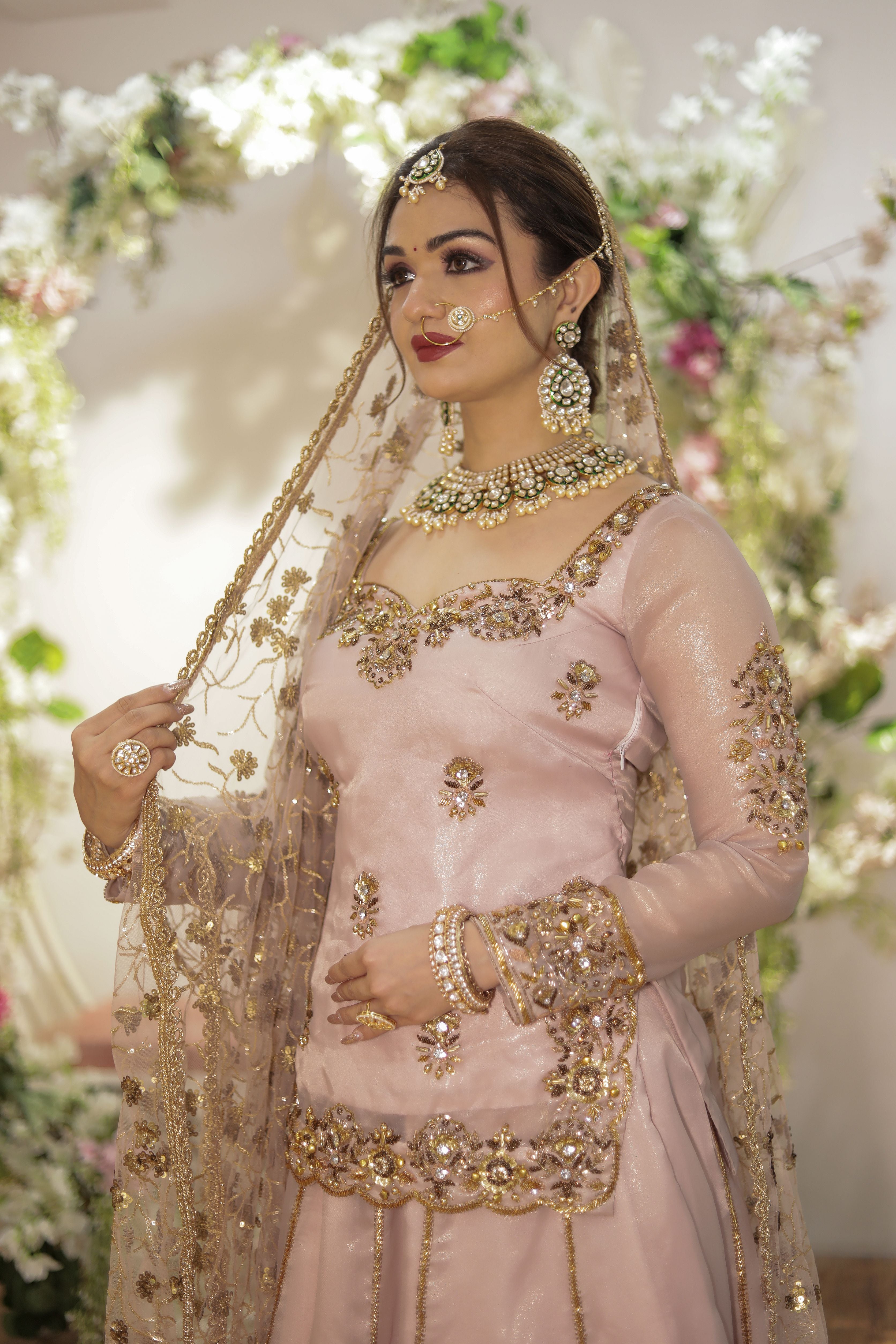 Baby Pink hand embroidery lehenga set with golden booties