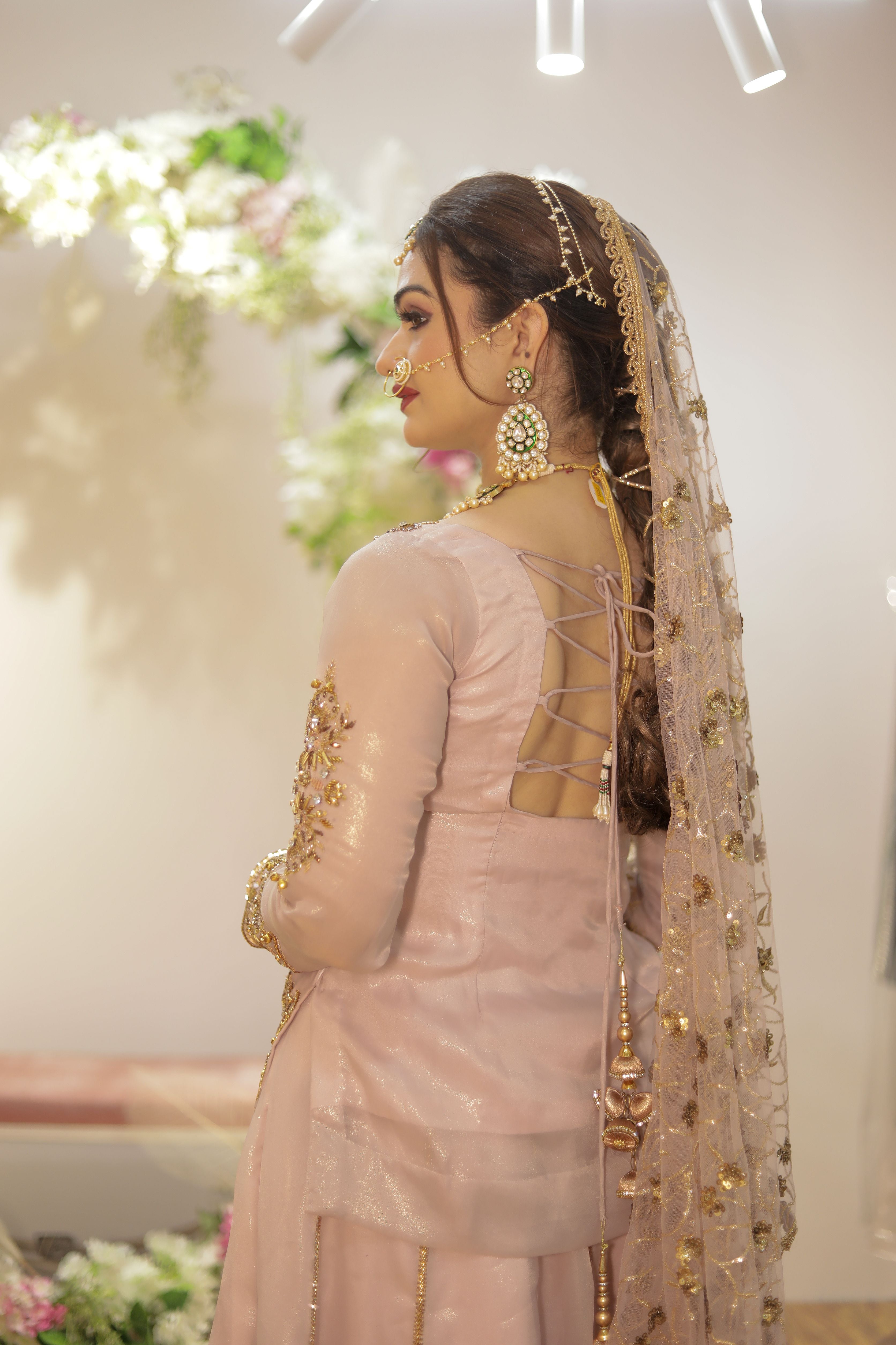 Baby Pink hand embroidery lehenga set with golden booties