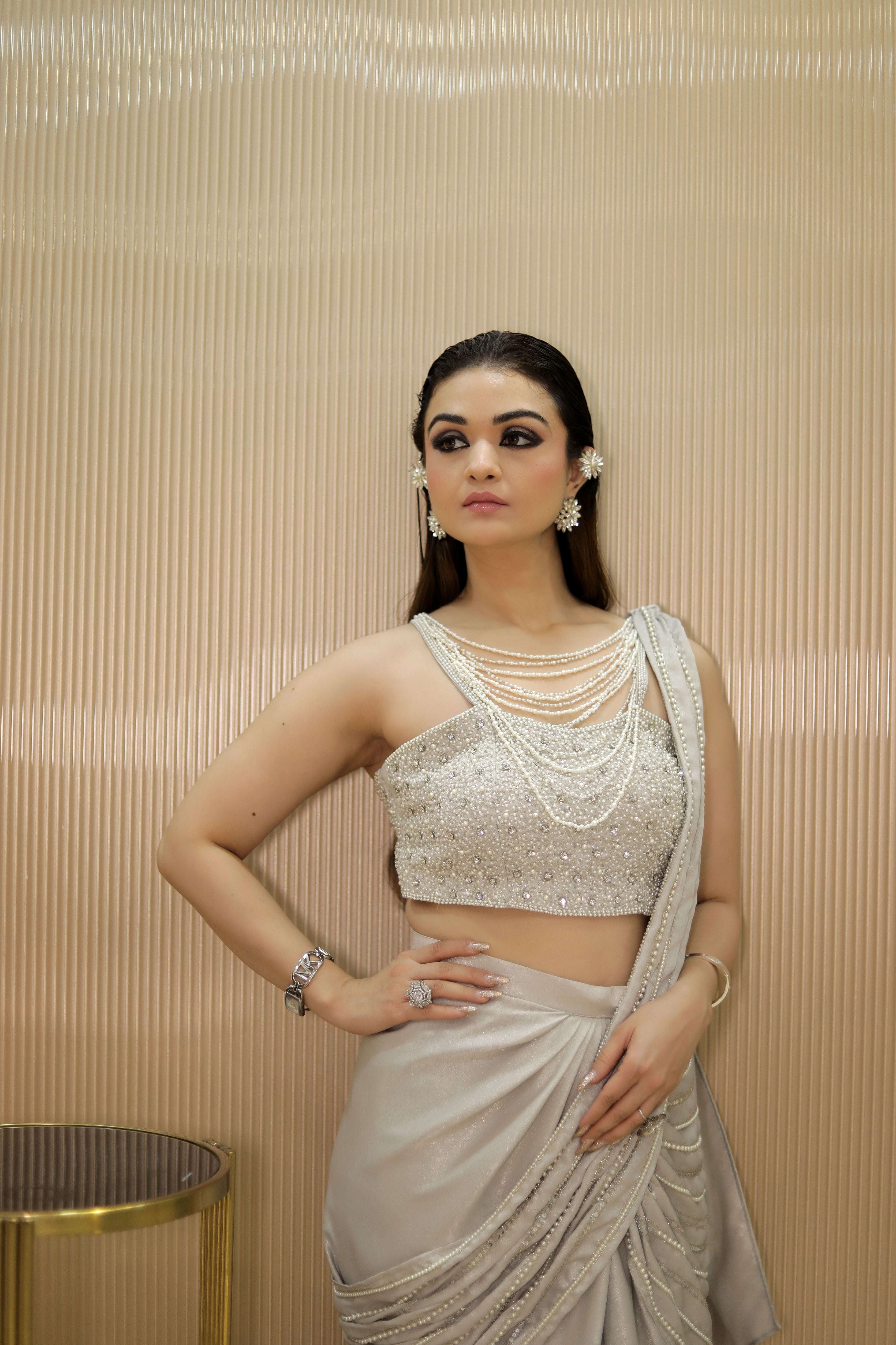 Silver pearl lines heavy blouse with drape saree