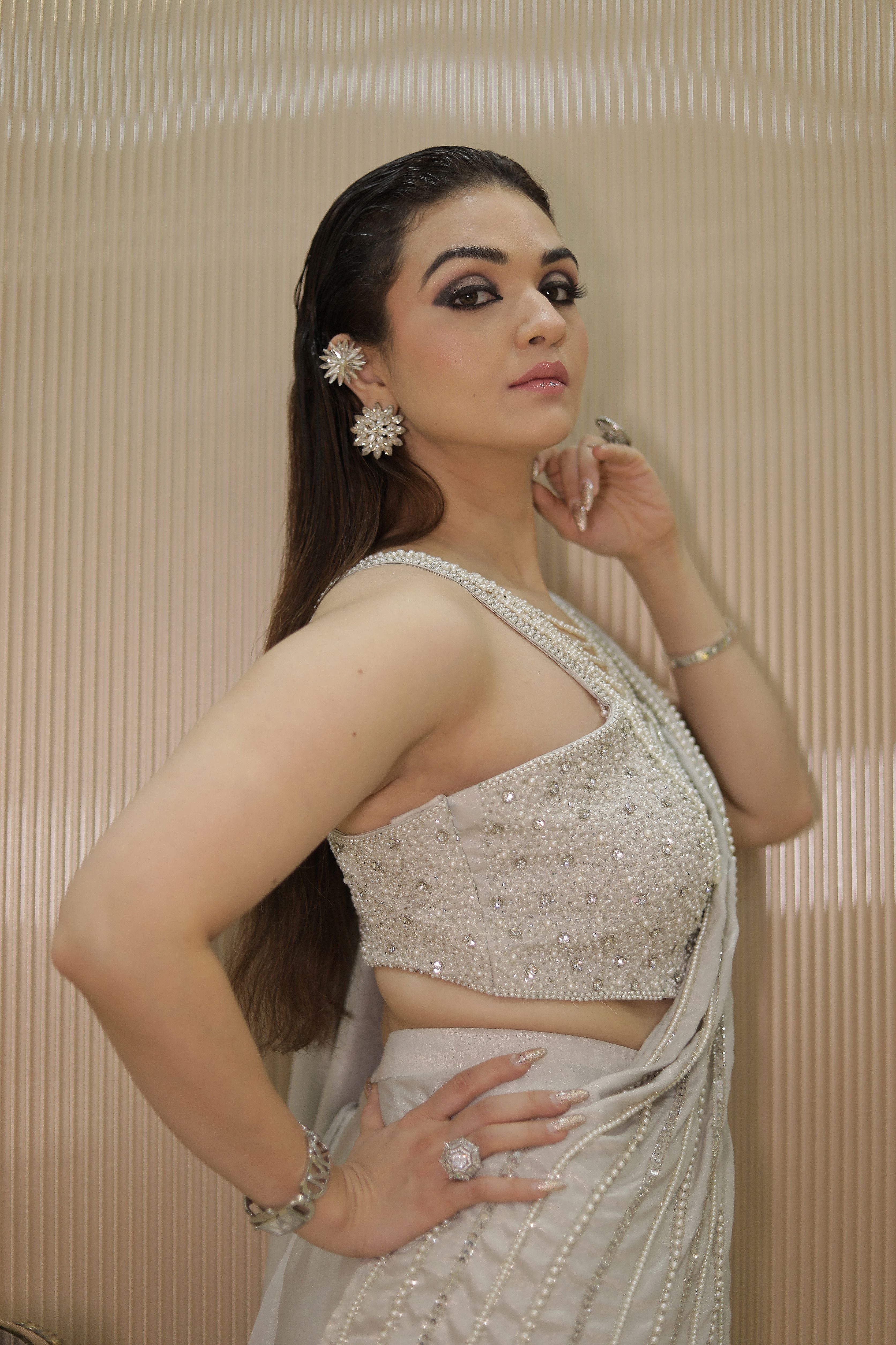 Silver pearl lines heavy blouse with drape saree