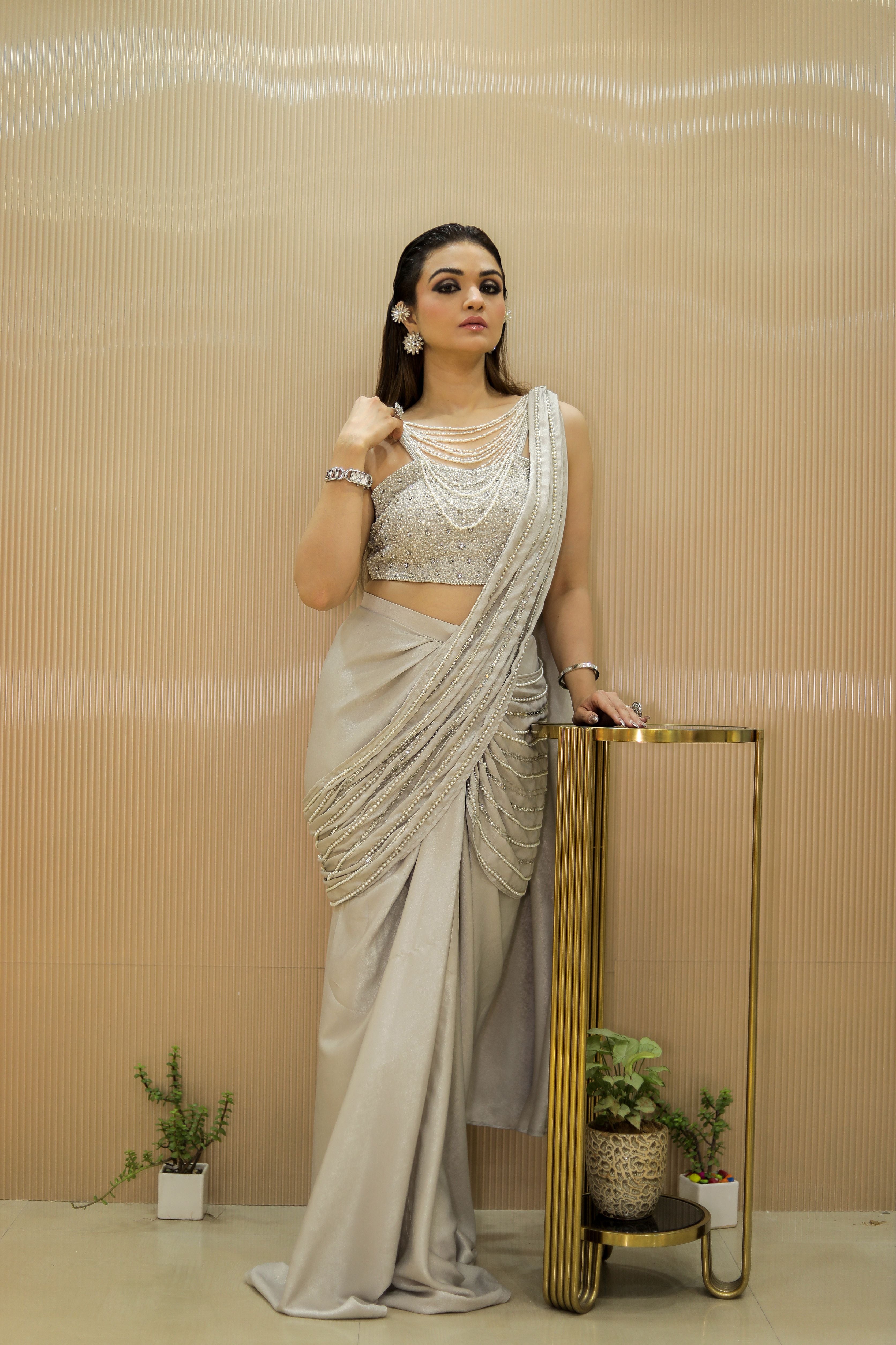 Silver pearl lines heavy blouse with drape saree