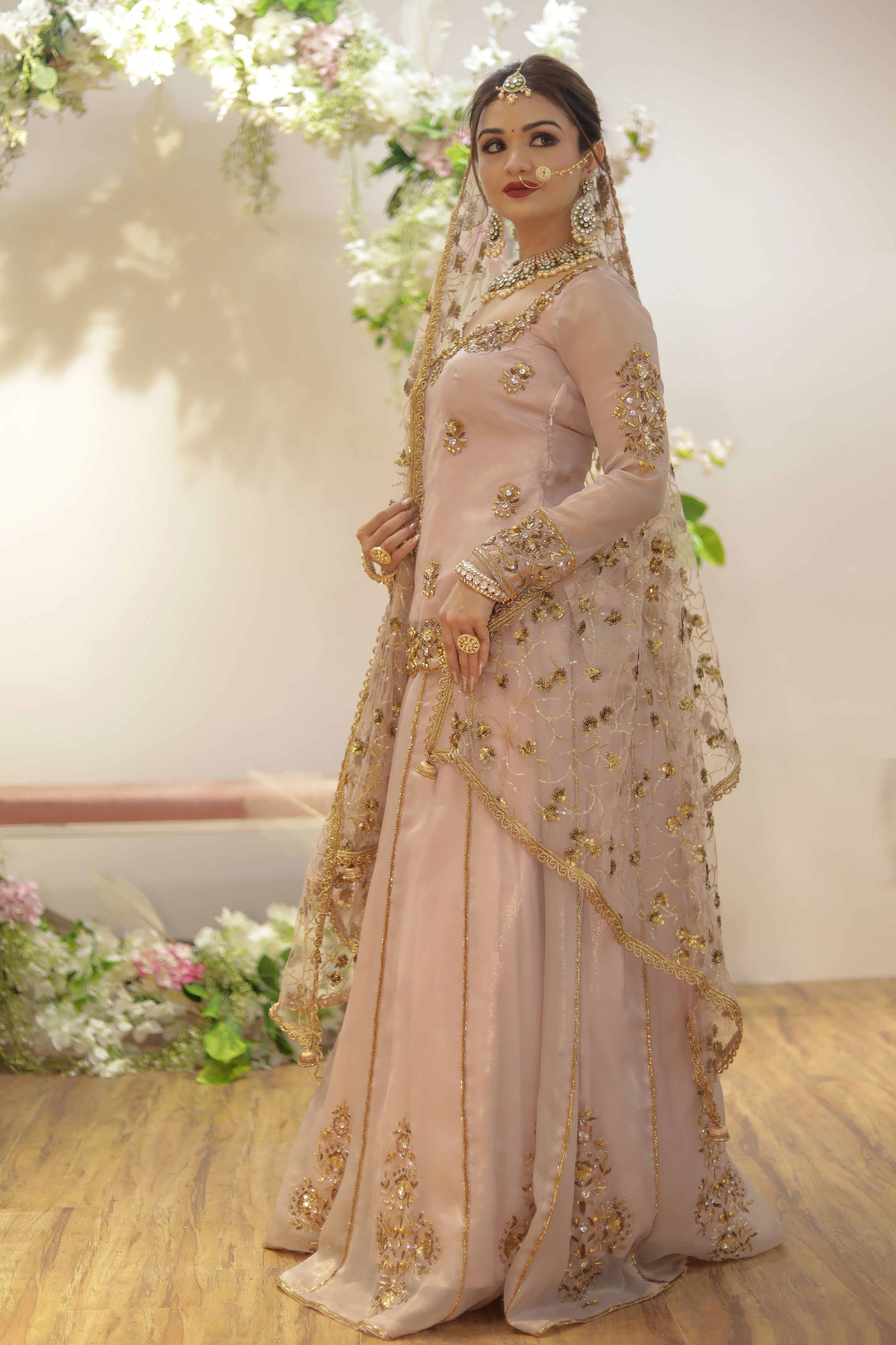 Baby Pink hand embroidery lehenga set with golden booties