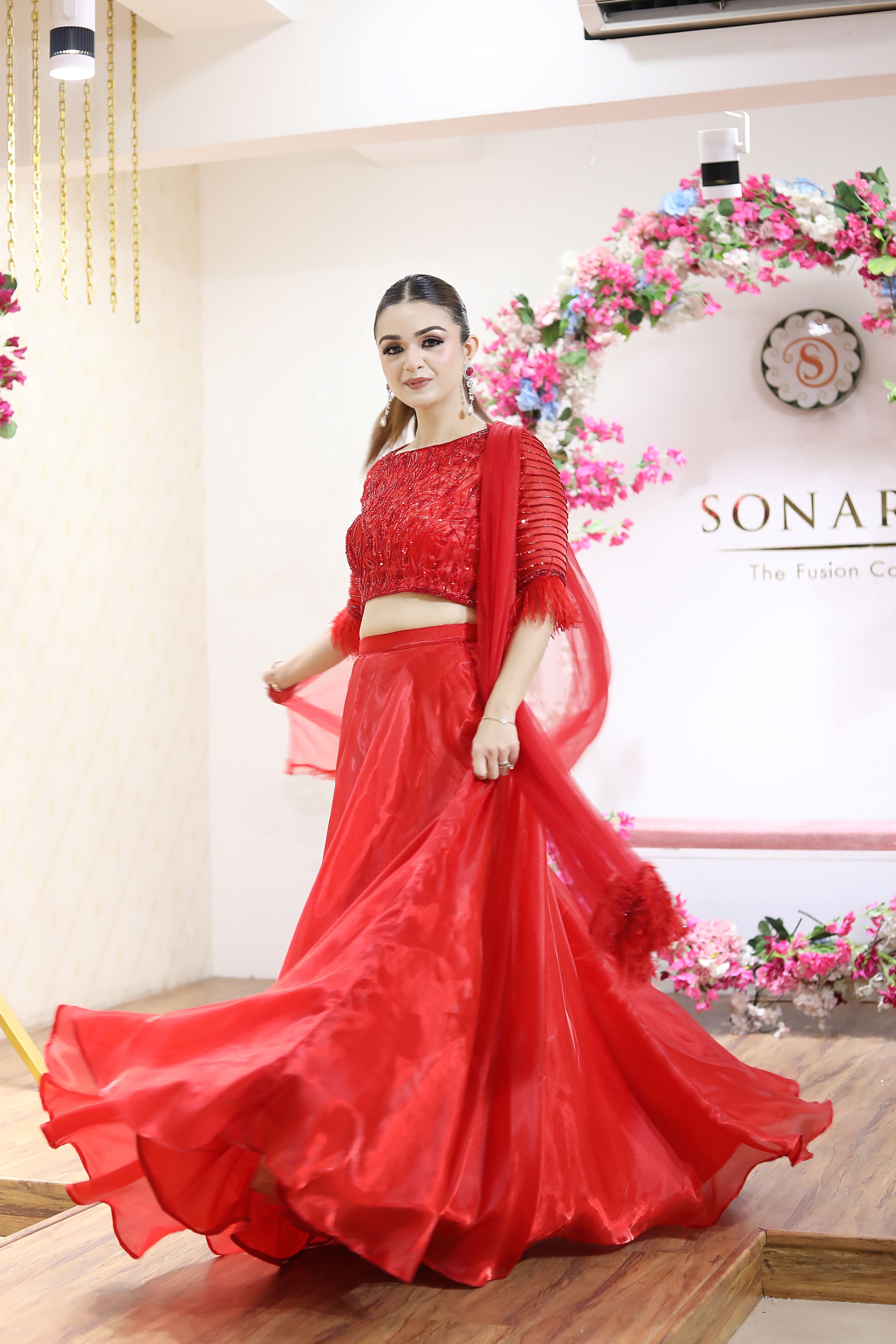 Blood Red Embroidered Blouse with Organza Lehenga