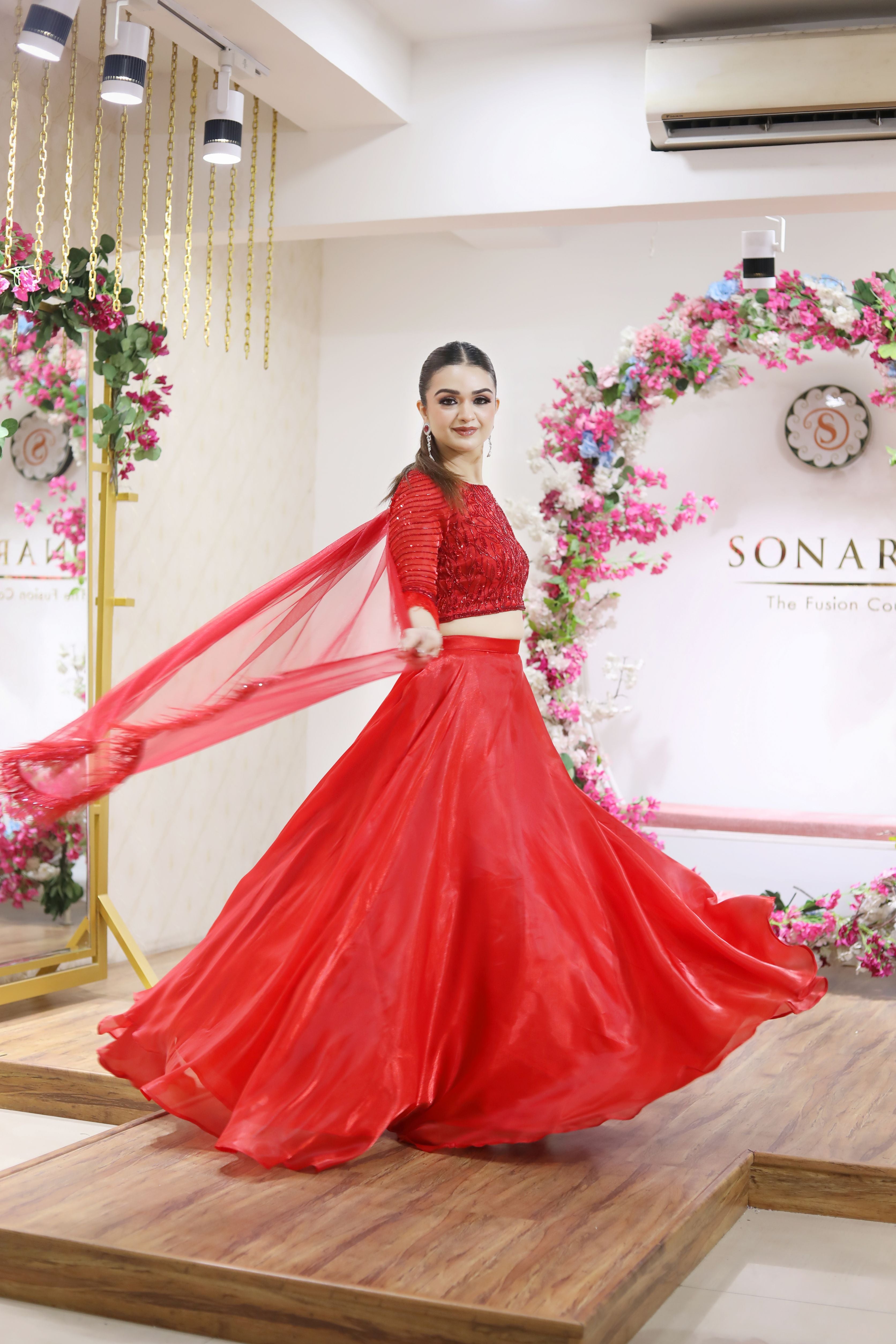 Blood Red Embroidered Blouse with Organza Lehenga