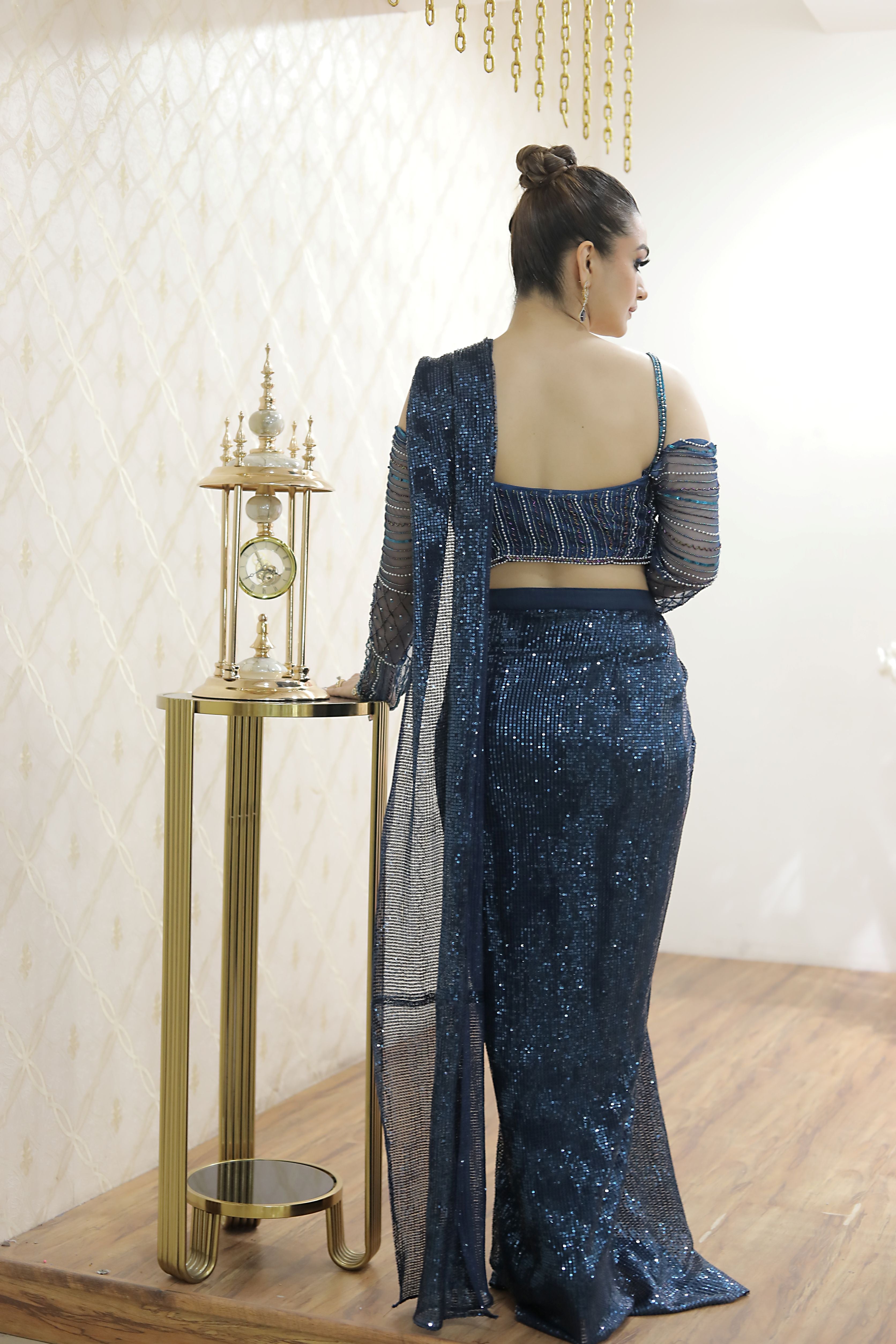 Midnight Blue embellished Saree Set