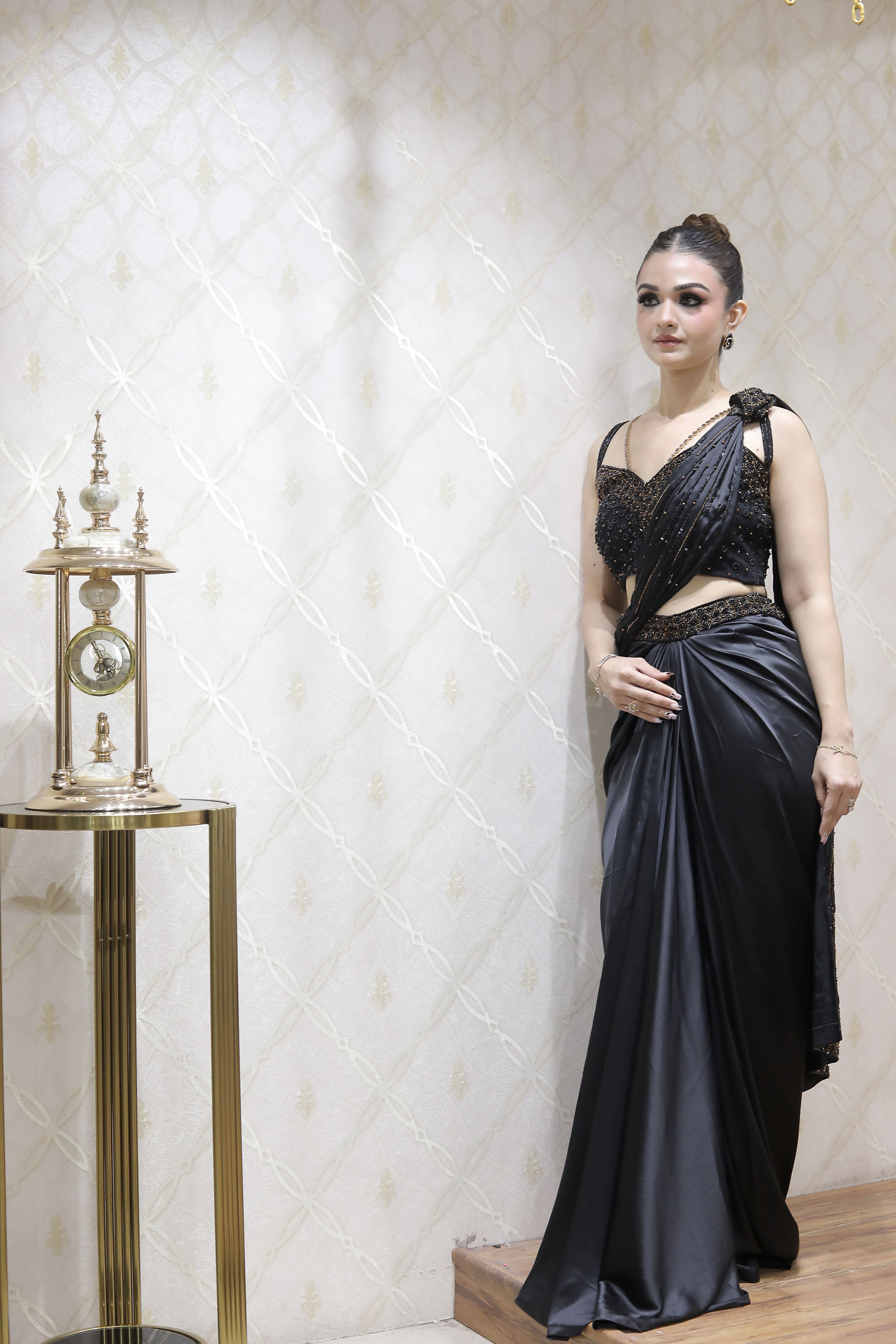 Black Satin Embroidered Saree