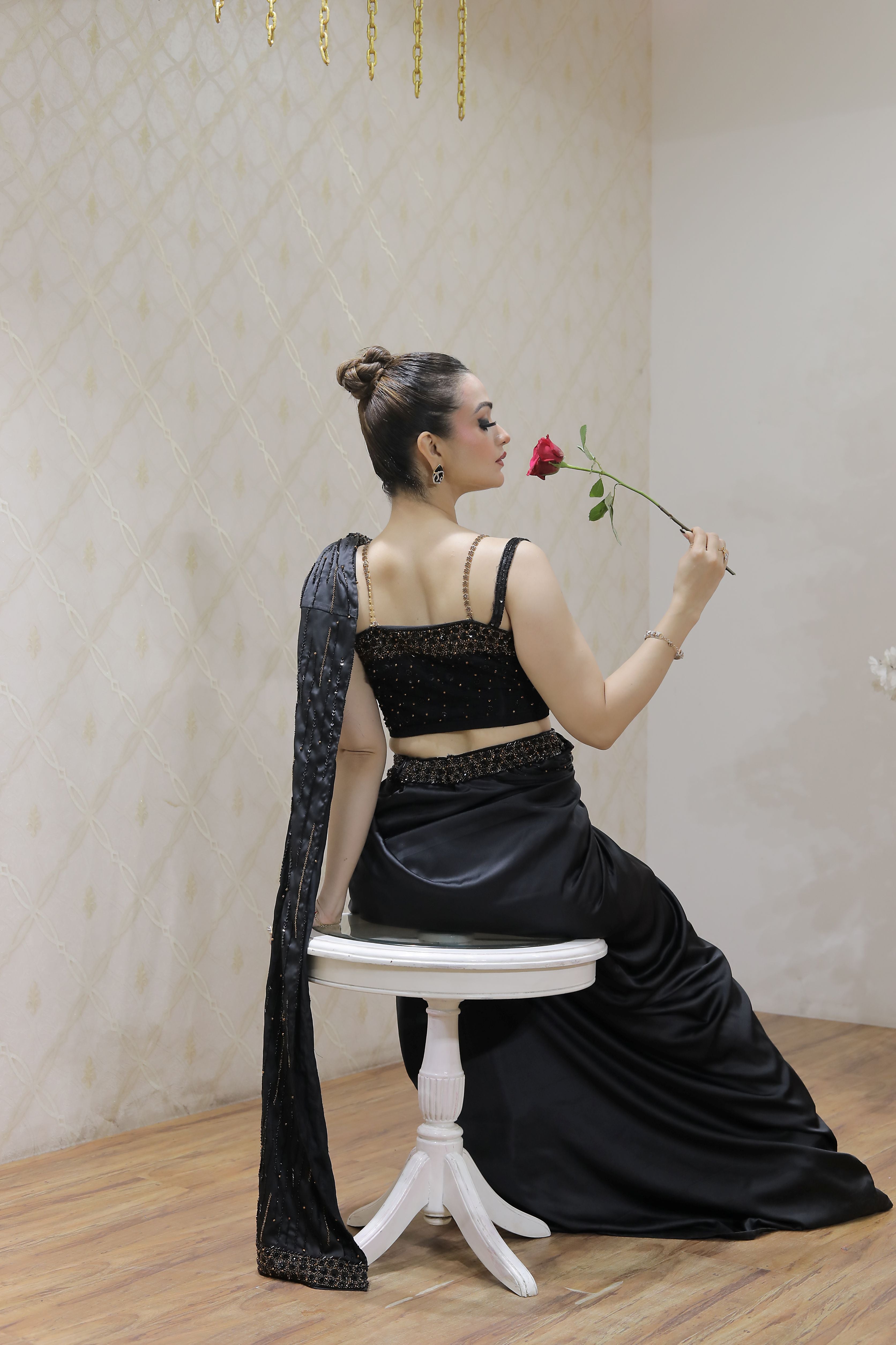 Black Satin Embroidered Saree